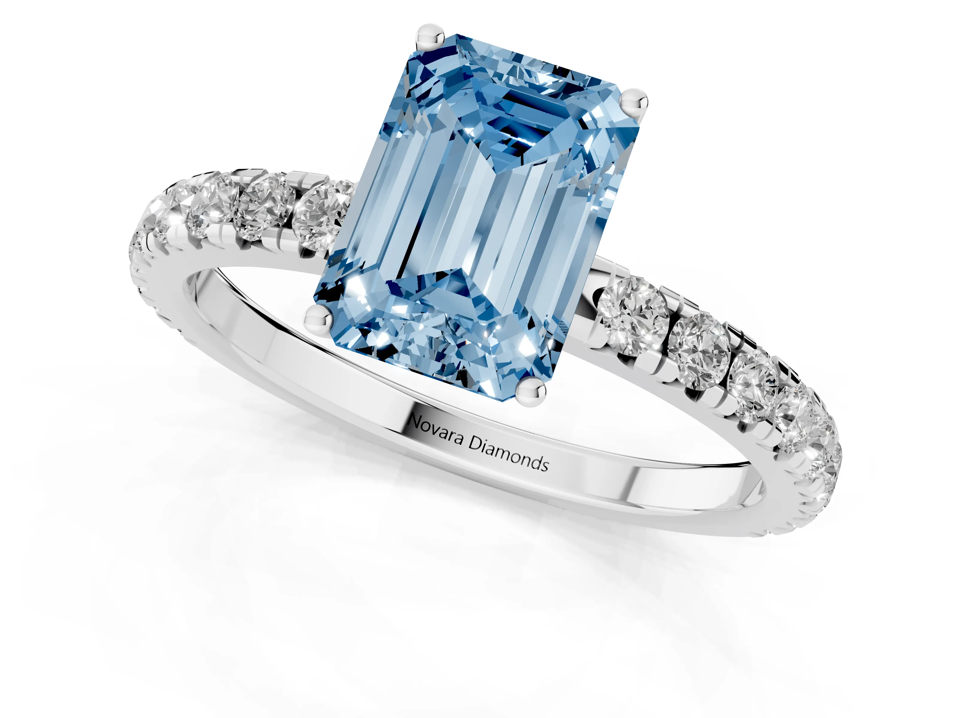 Fancy Blue Emerald Cut Diamond Pavé Solitaire Engagement Ring Set in Platinum with Prong Setting