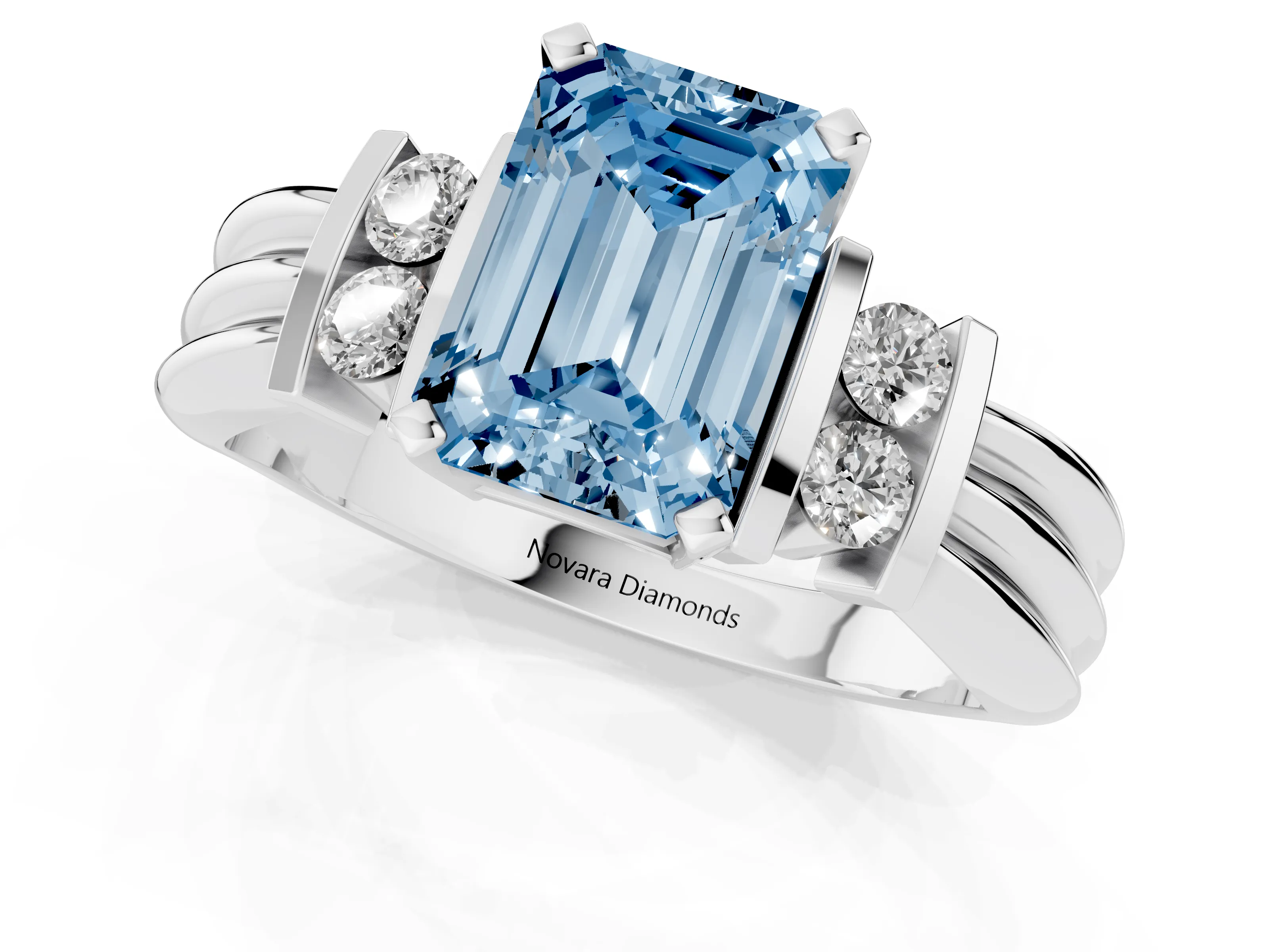 Fancy Blue Three-Stone Emerald Cut Diamond Channel Set Ring Set in Silver with Bar Prongs