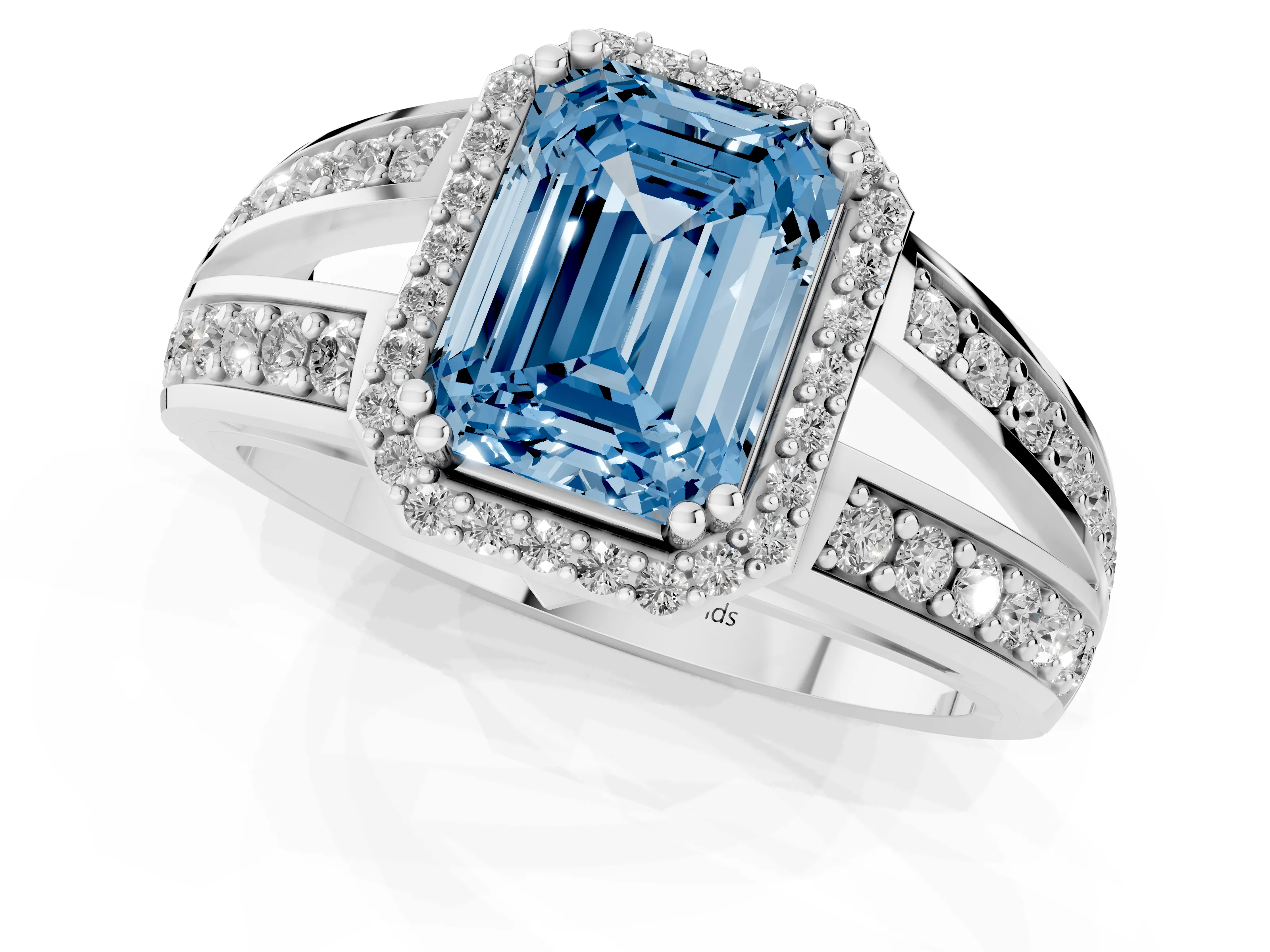 Fancy Blue Emerald Cut Diamond Halo Ring Set in White gold with Double Pavé Split Shank