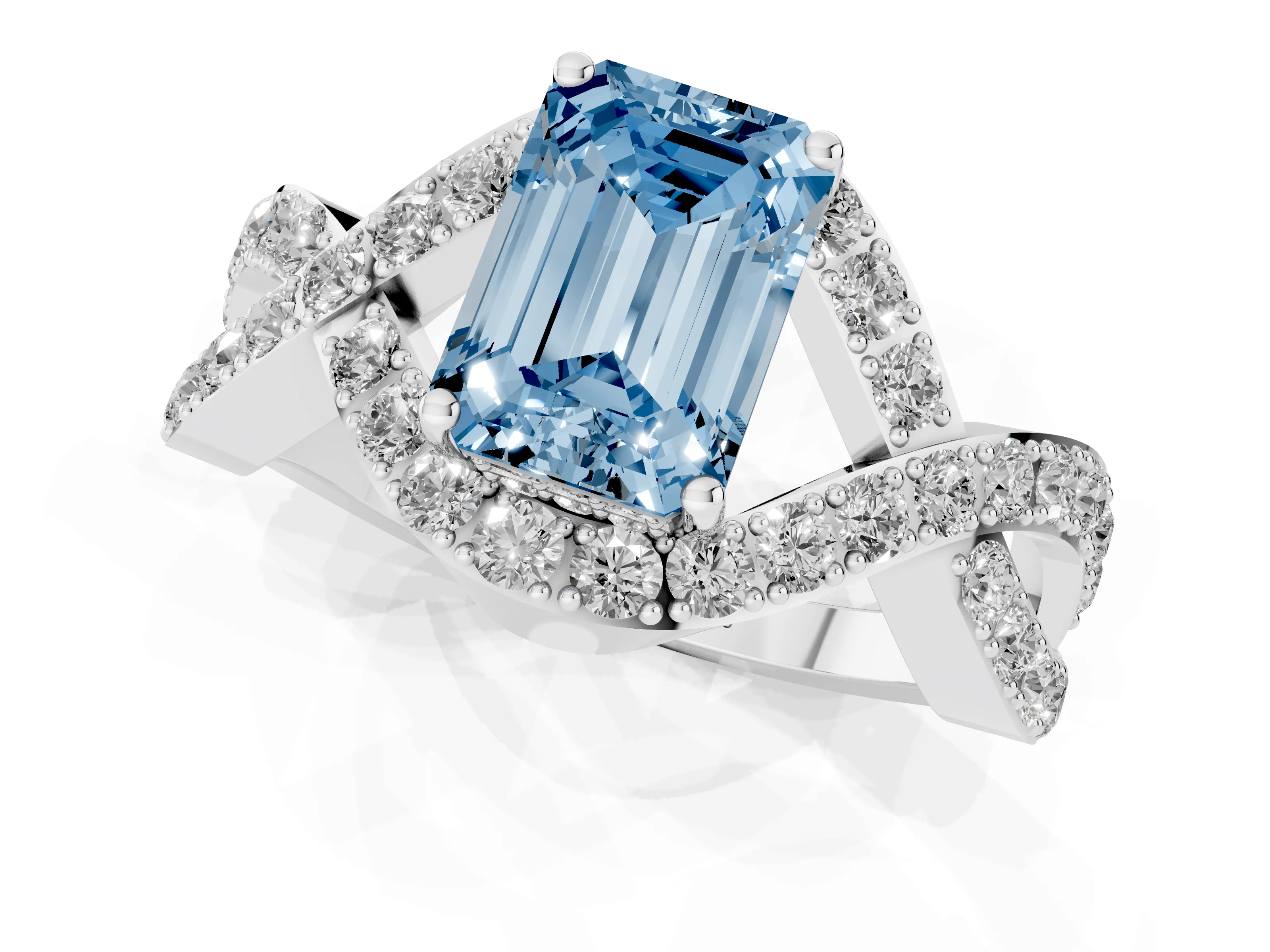 Fancy Blue Emerald Cut Diamond Solitaire Twist Band Pavé Engagement Ring Set in White gold