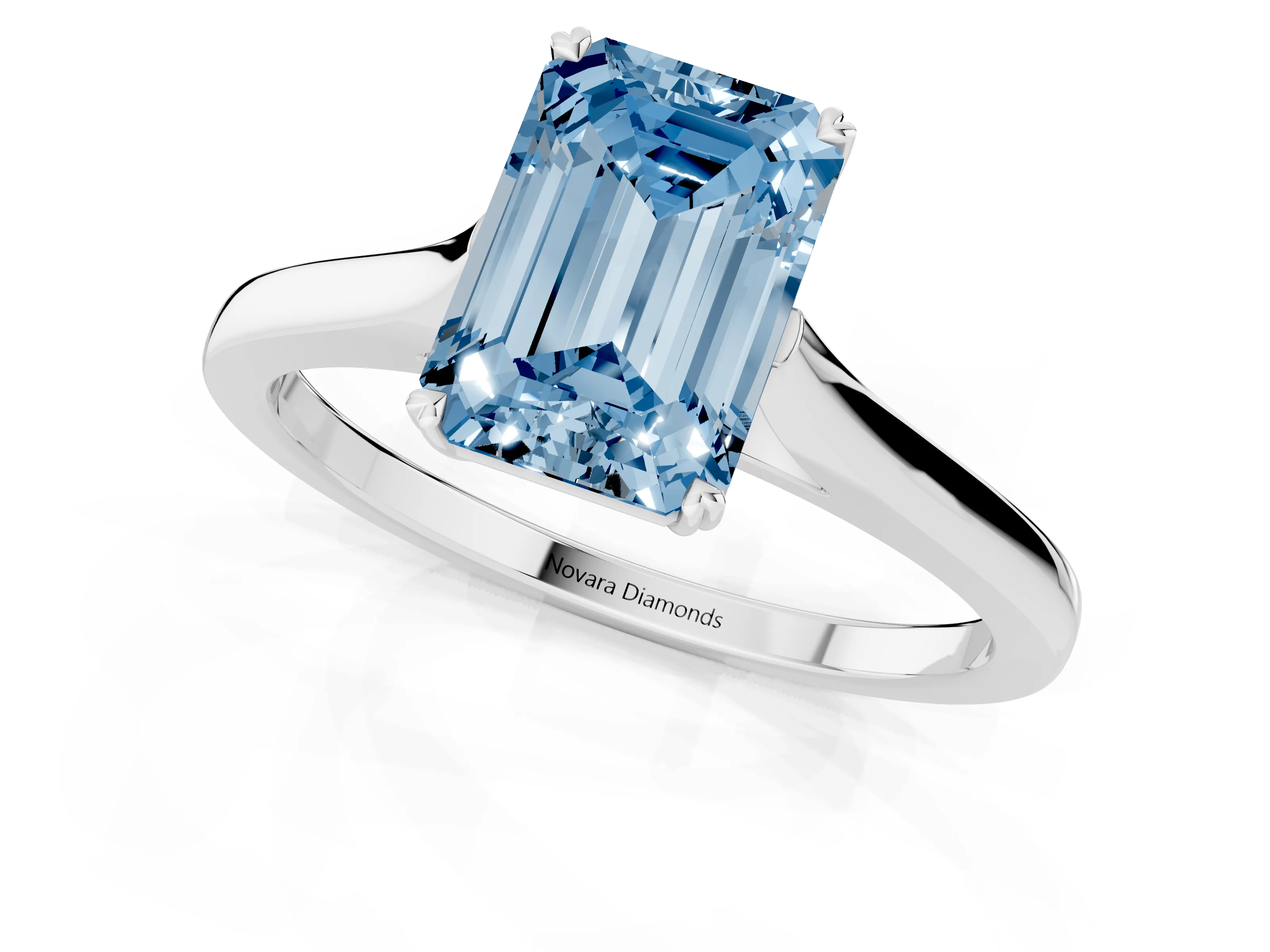 Fancy Blue Emerald Cut Diamond Solitaire Heart Prong Engagement Ring Set in Silver with Tapered Band