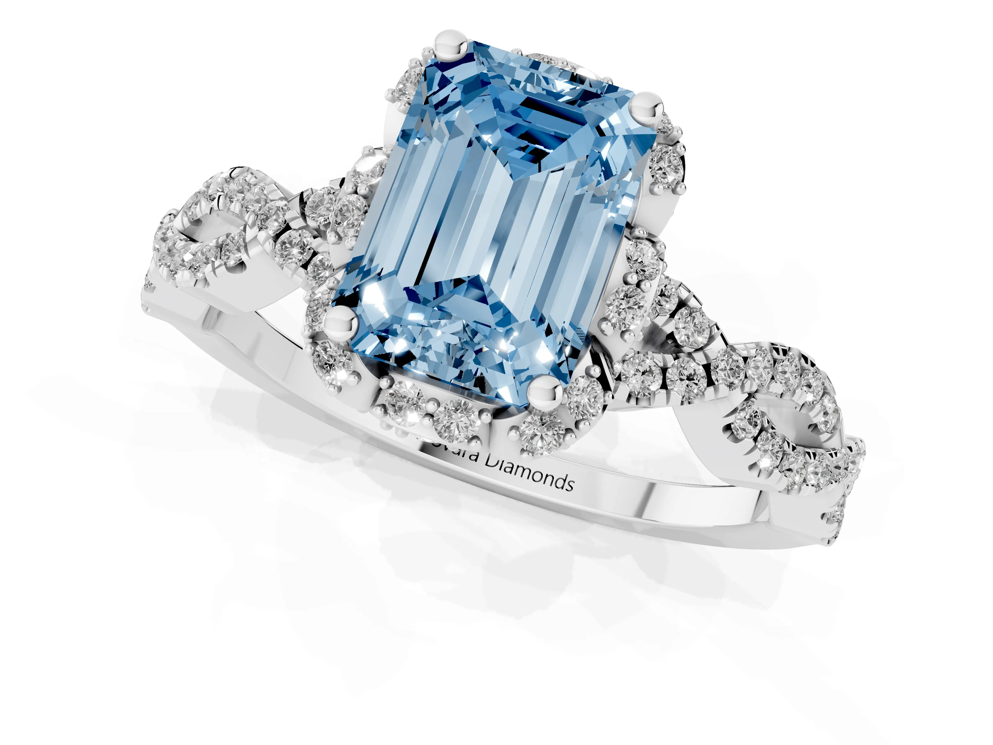 Fancy Blue Emerald Cut Diamond Halo Twist Band Solitaire Ring Set in Platinum with Prong-Set Center Stone