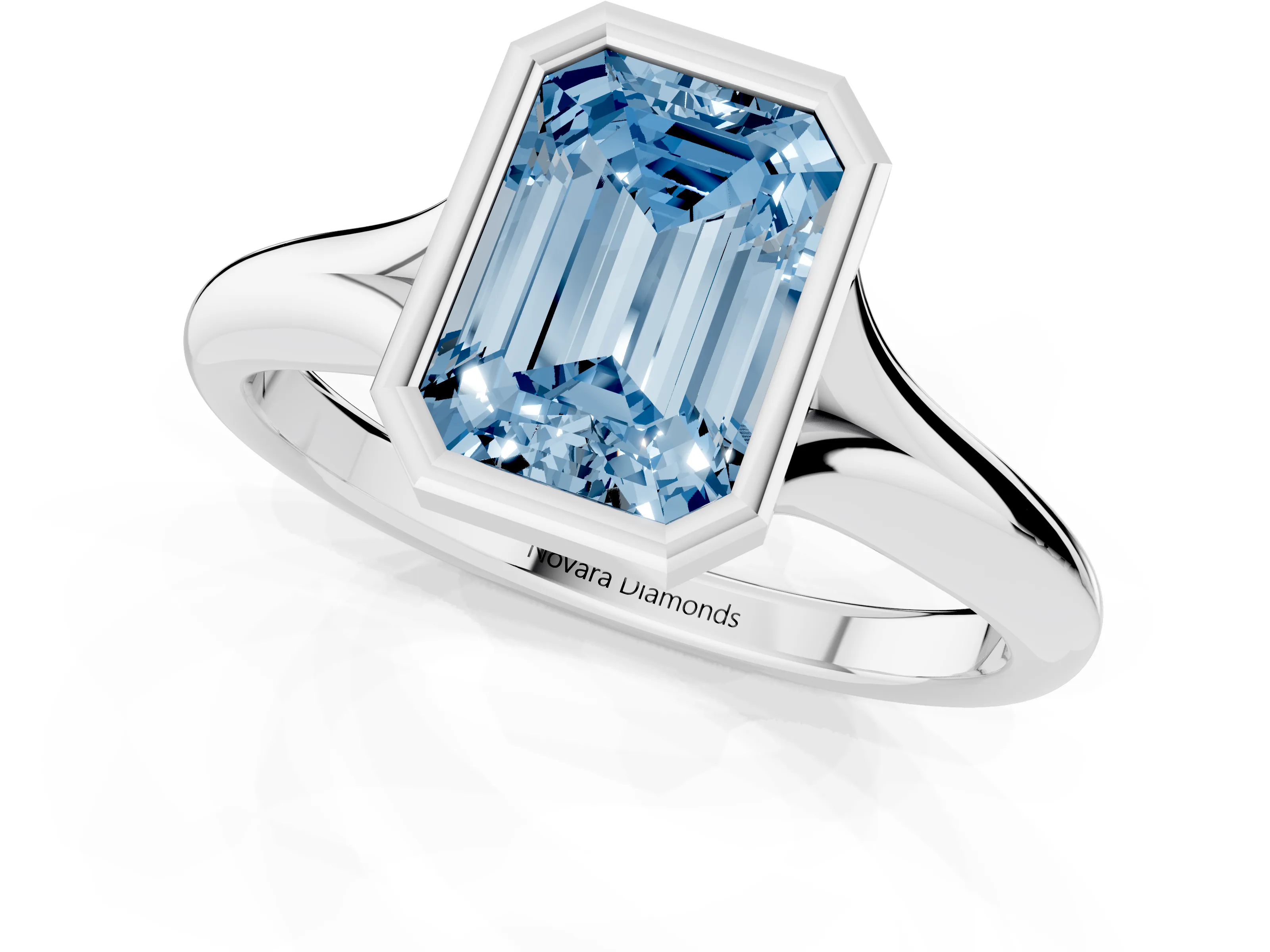 Fancy Blue Bezel Set Emerald Cut Diamond Solitaire Ring Set in White gold with Smooth Band
