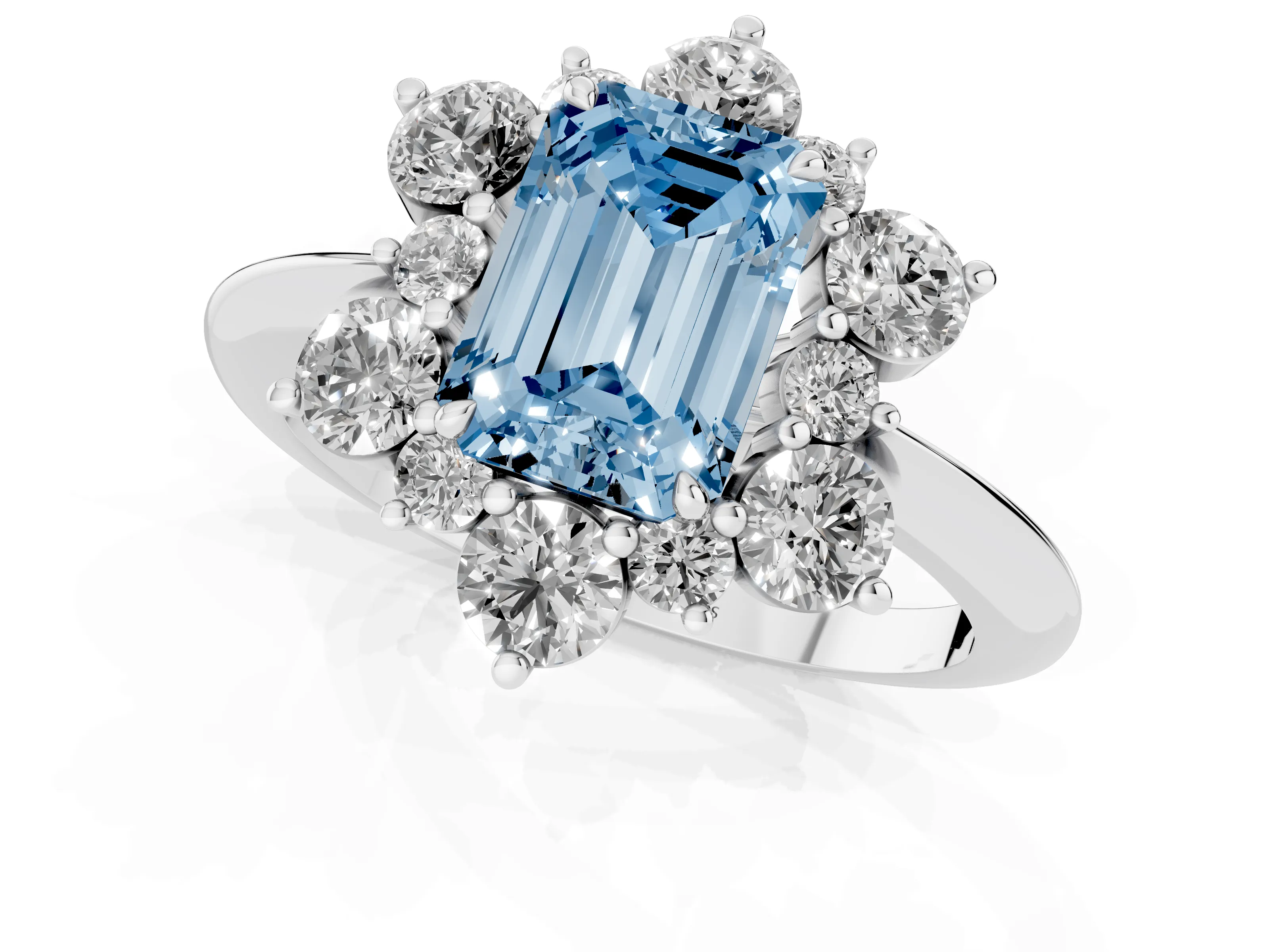 Fancy Blue Emerald Cut Diamond Cluster Halo Ring Set in Silver with Solitaire Band and Prong Setting