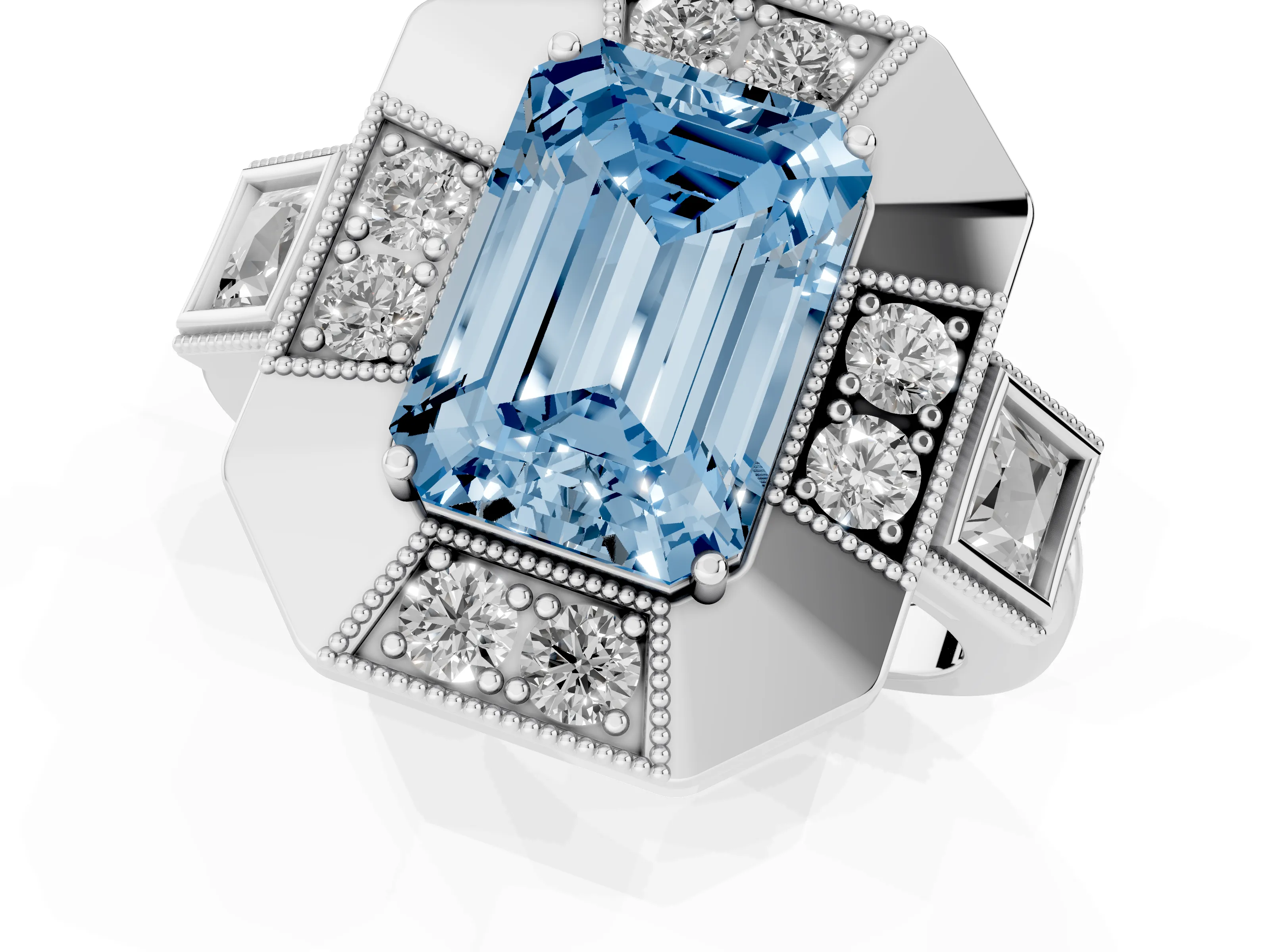 Fancy Blue Emerald Cut Diamond Milgrain Halo Ring Set in Platinum with Split Shank