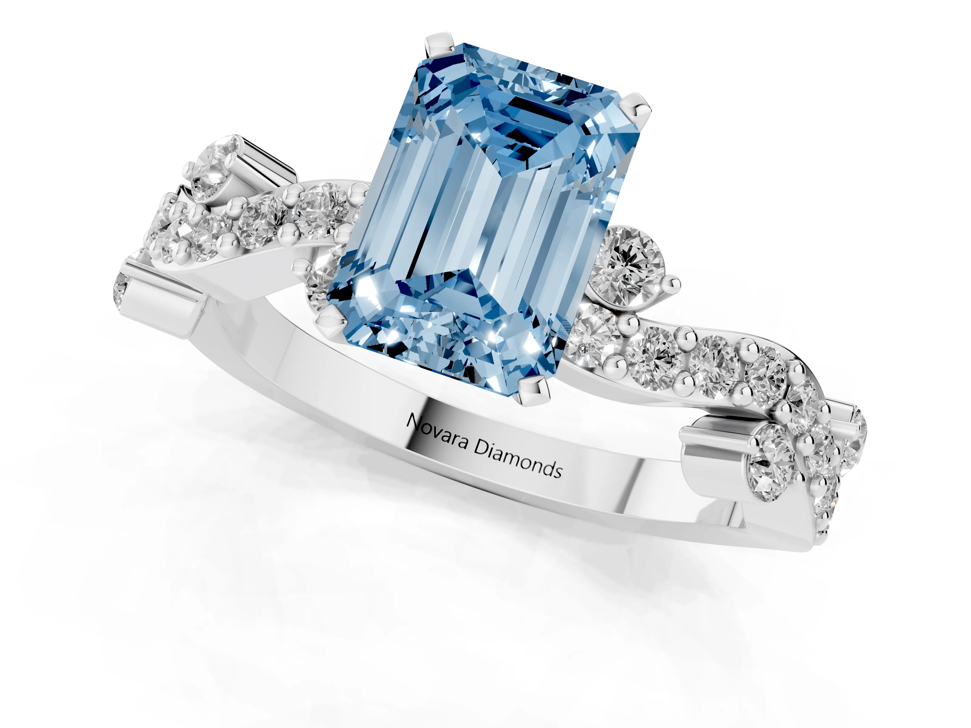 Fancy Blue Emerald Cut Diamond Solitaire Twisted Band Set in Silver with Pavé Setting