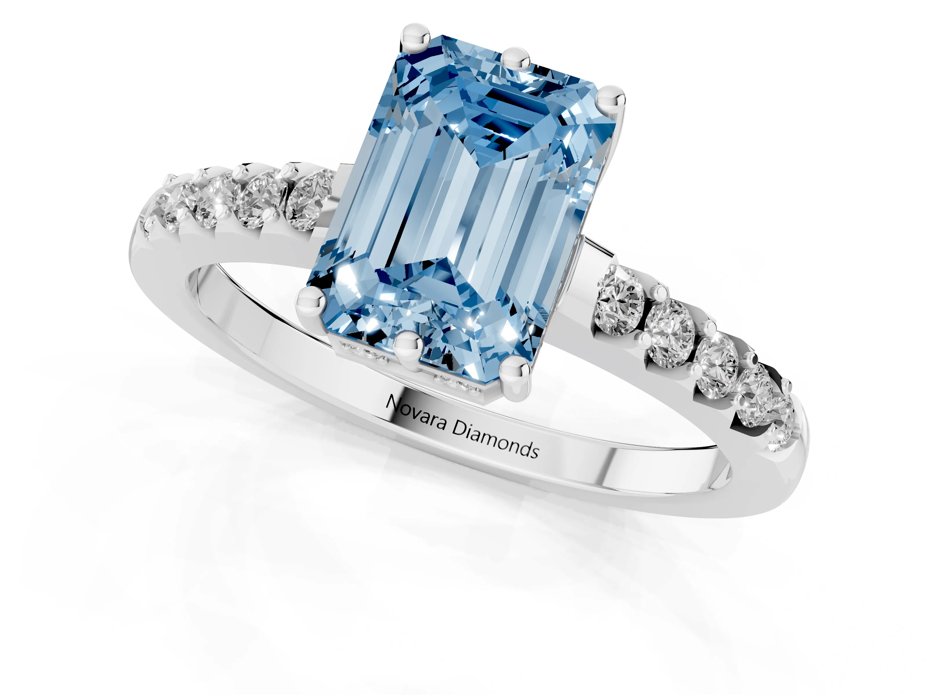 Fancy Blue Emerald Cut Diamond Solitaire Engagement Ring Set in Silver with Pavé Band and Prong Setting
