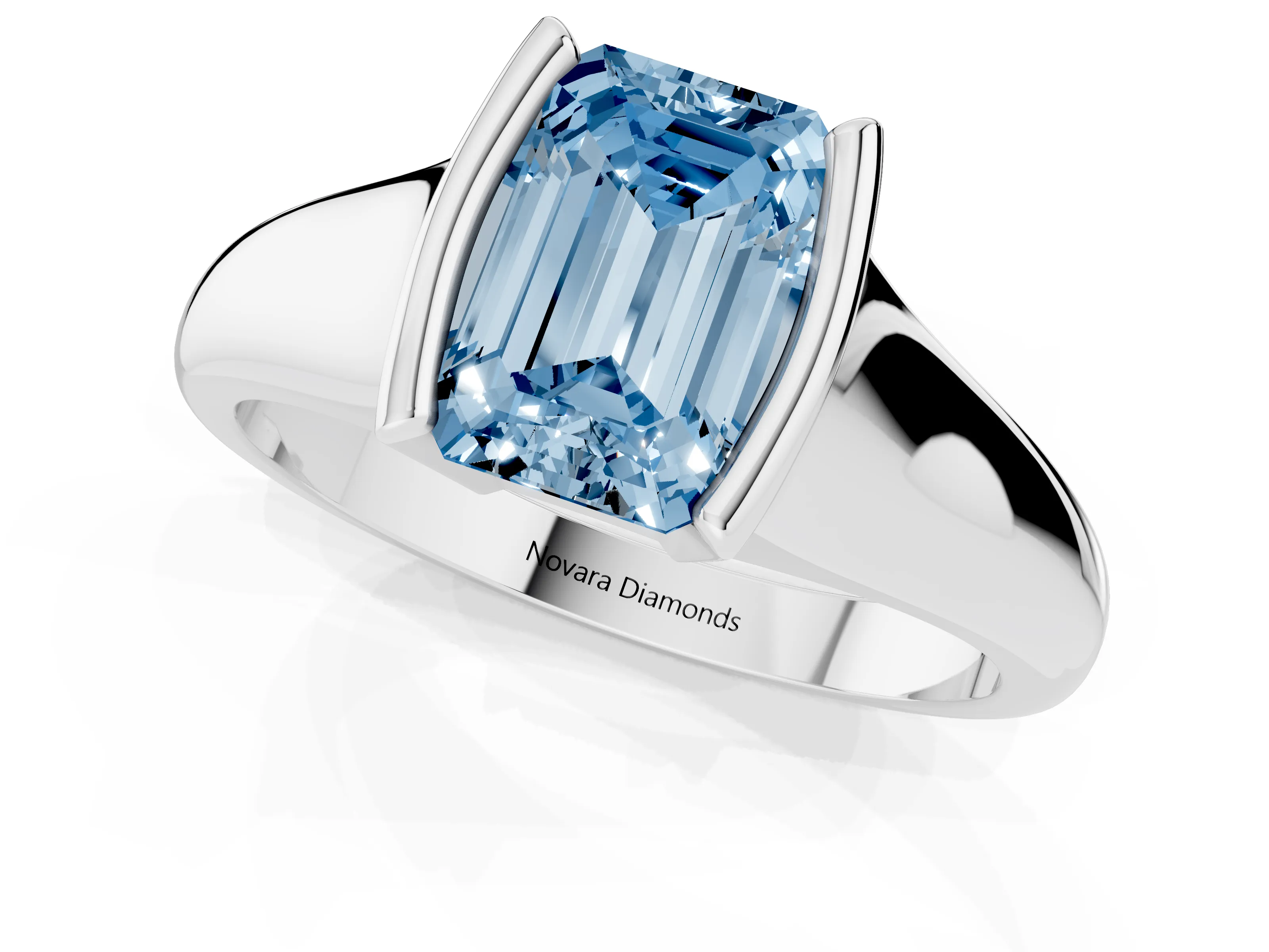 Fancy Blue Emerald Cut Diamond Solitaire Tension Set Ring Set in White gold with Split Shank Band