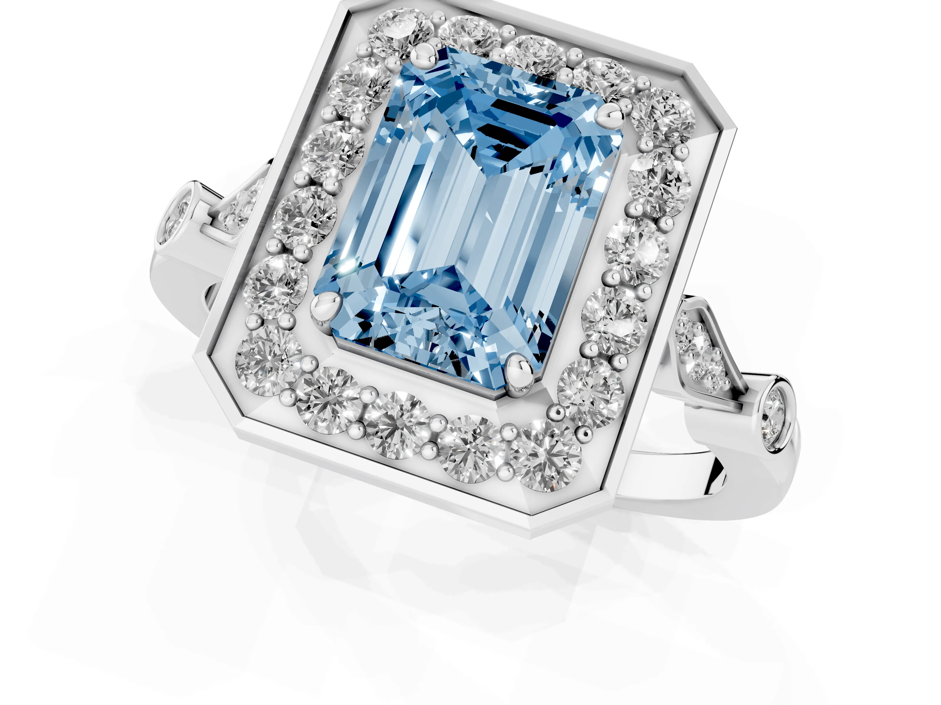 Fancy Blue Emerald Cut Diamond Halo Engagement Ring Set in Silver with Twisted Band and Prong Setting