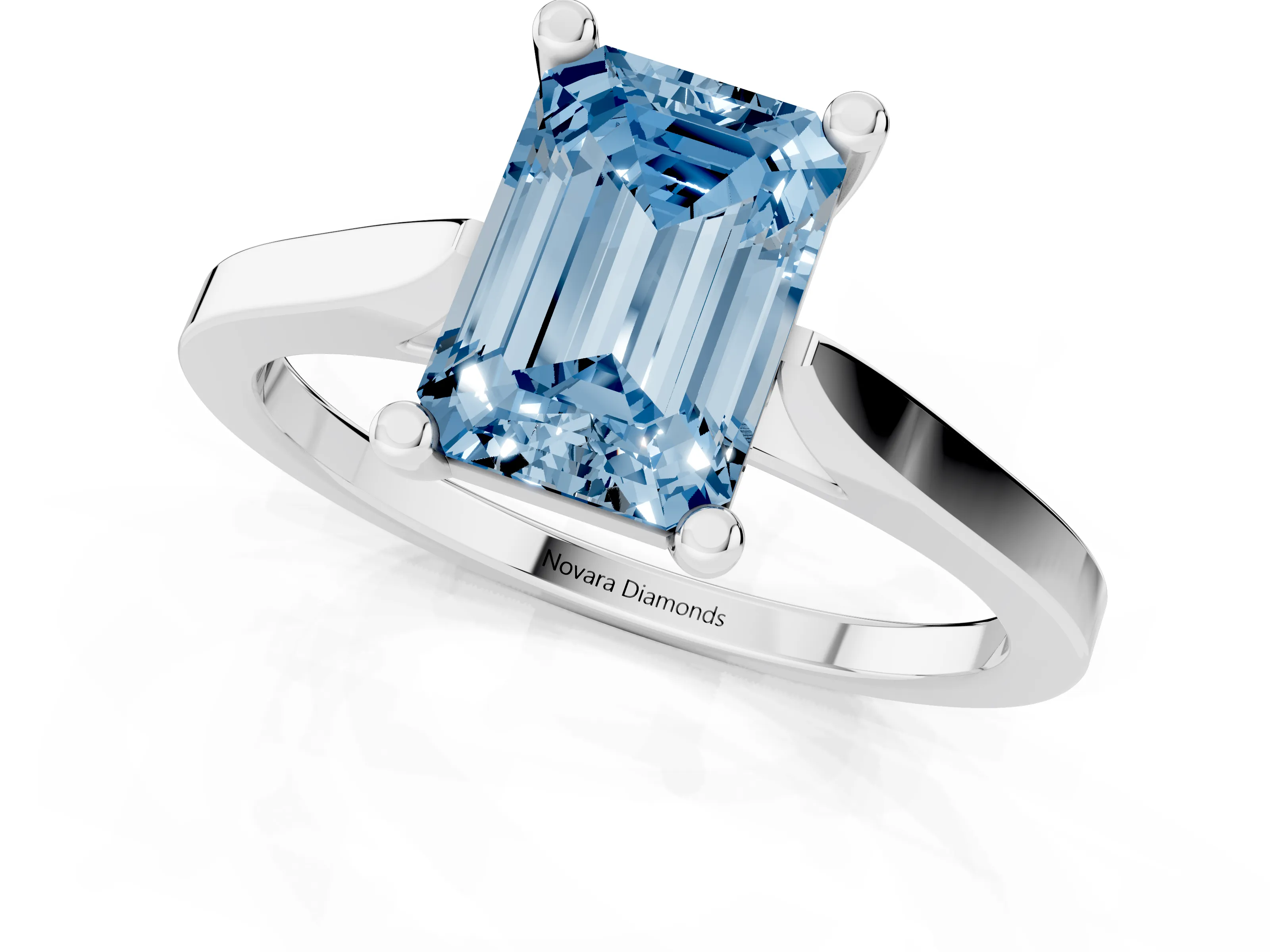 Fancy Blue Emerald Cut Diamond Solitaire Ring Set in White gold with Prong Setting and Tapered Band
