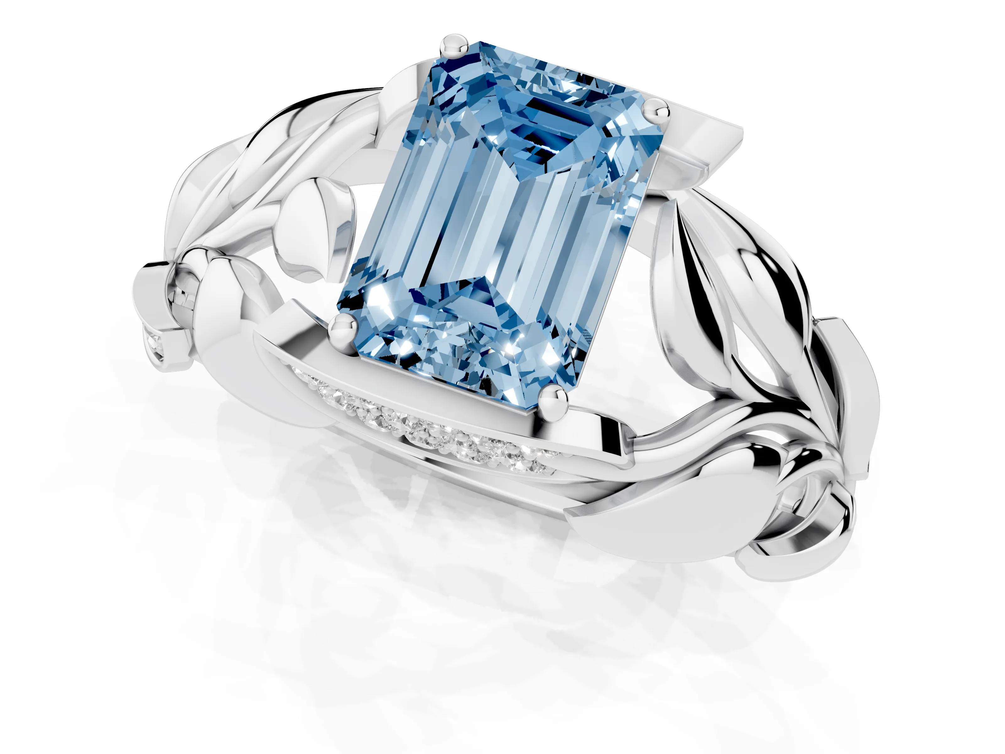 Fancy Blue Emerald Cut Diamond Leaf-Inspired Engagement Ring Set in Silver with Round Accents