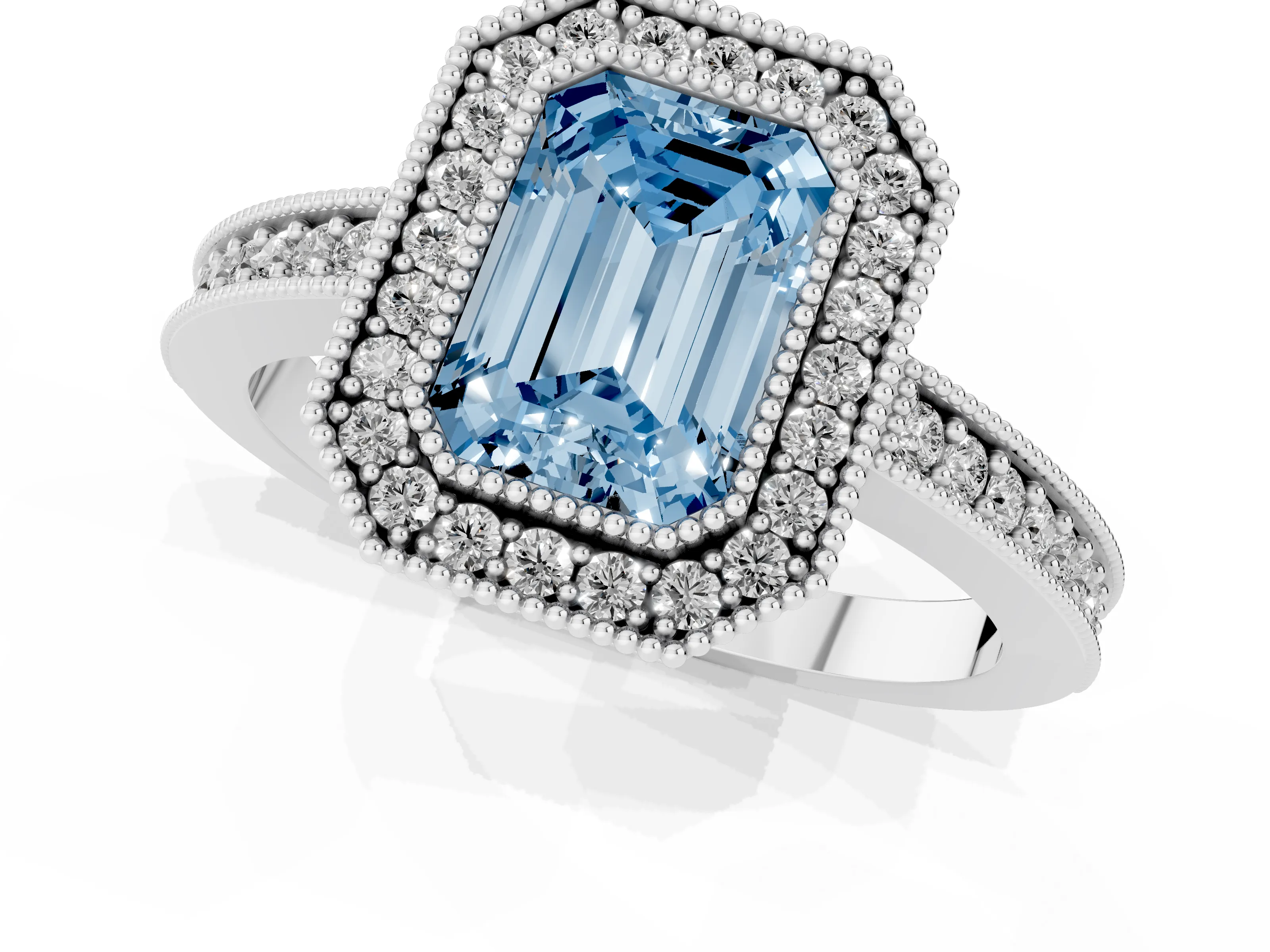 Fancy Blue Emerald Cut Diamond Halo Engagement Ring Set in White gold with Pavé Band and Round Halo Stones