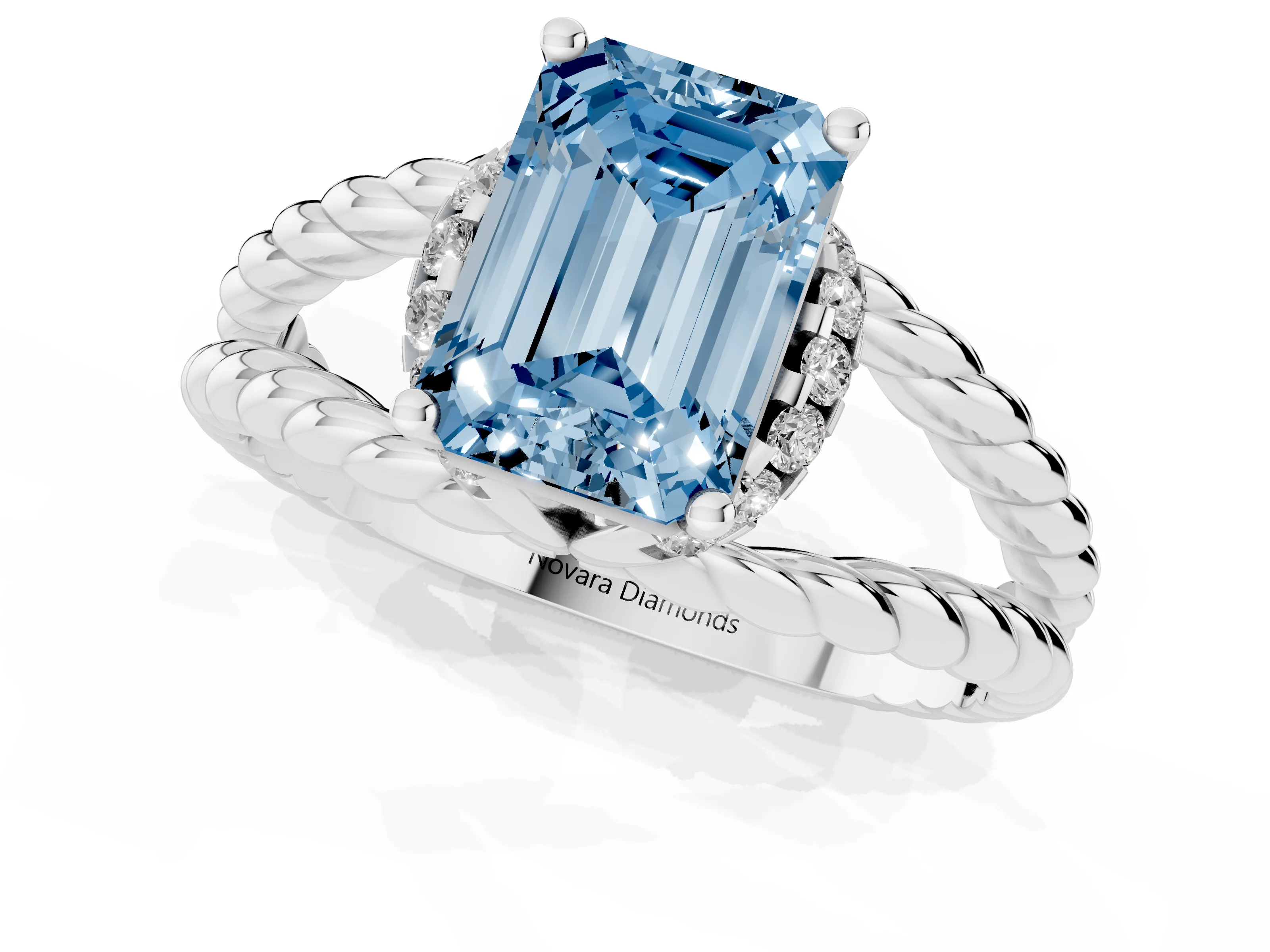 Fancy Blue Emerald Cut Diamond Halo Ring Set in Platinum with Twisted Band and Prong Setting