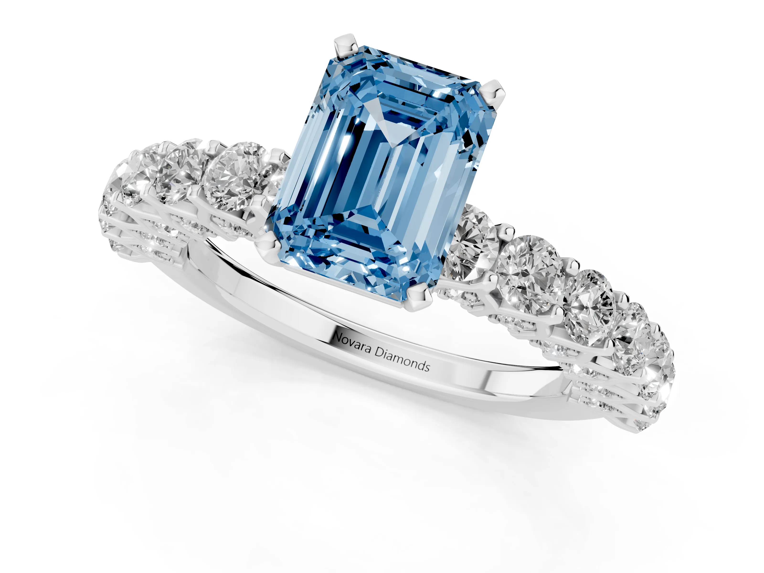 Fancy Blue Emerald Cut Diamond Solitaire Ring Set in Silver with Shared Prong Pavé Band