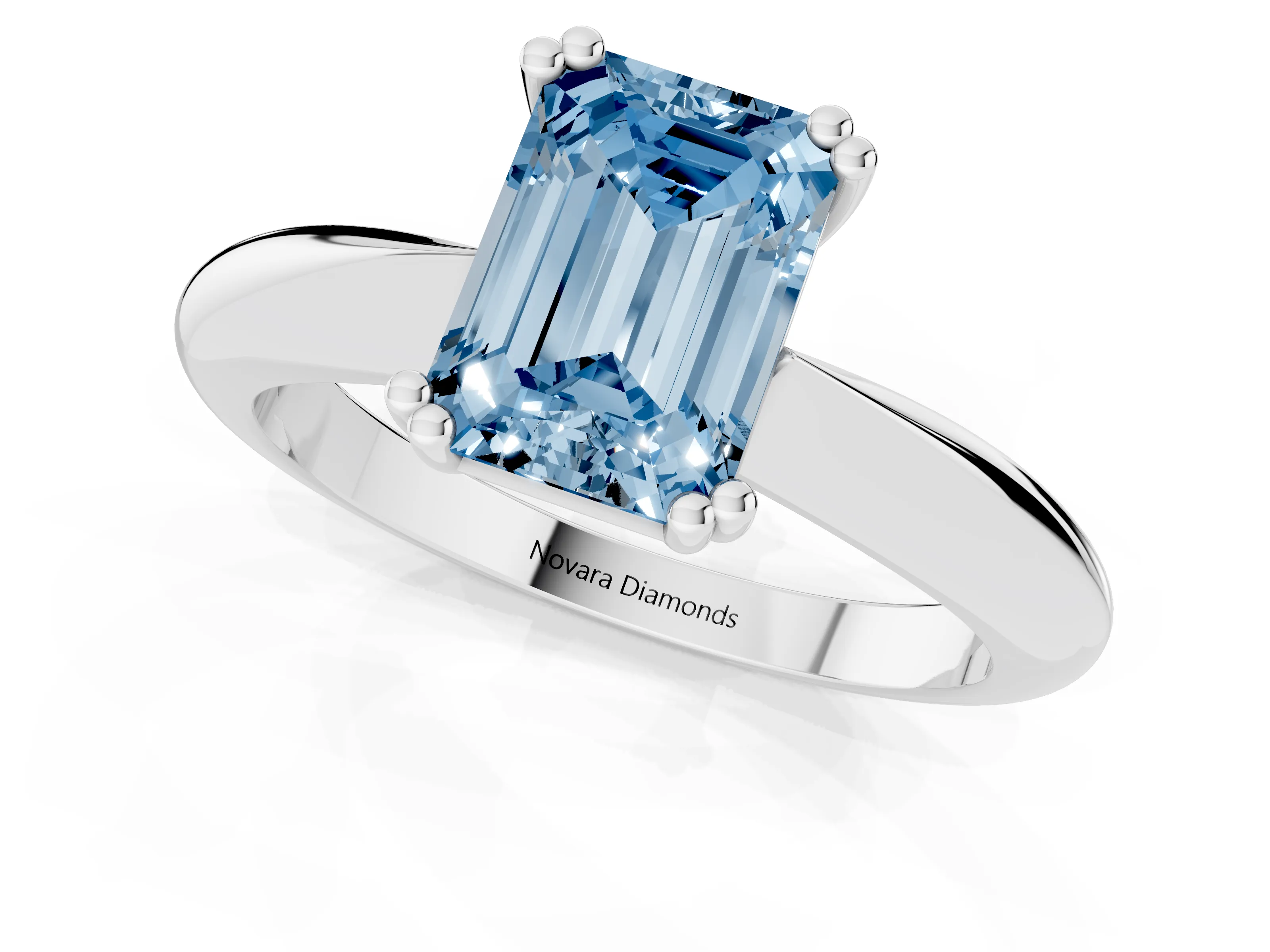 Fancy Blue Emerald Cut Diamond Solitaire Engagement Ring Set in White gold with Tapered Band and Prong Setting