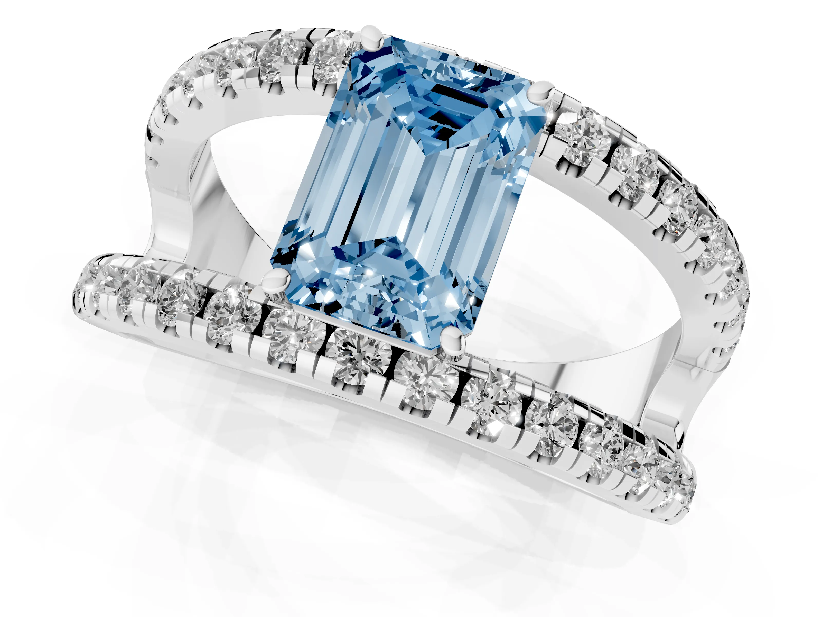 Fancy Blue Emerald Cut Diamond Split Shank Pavé Solitaire Ring Set in Silver with Open Shank Design