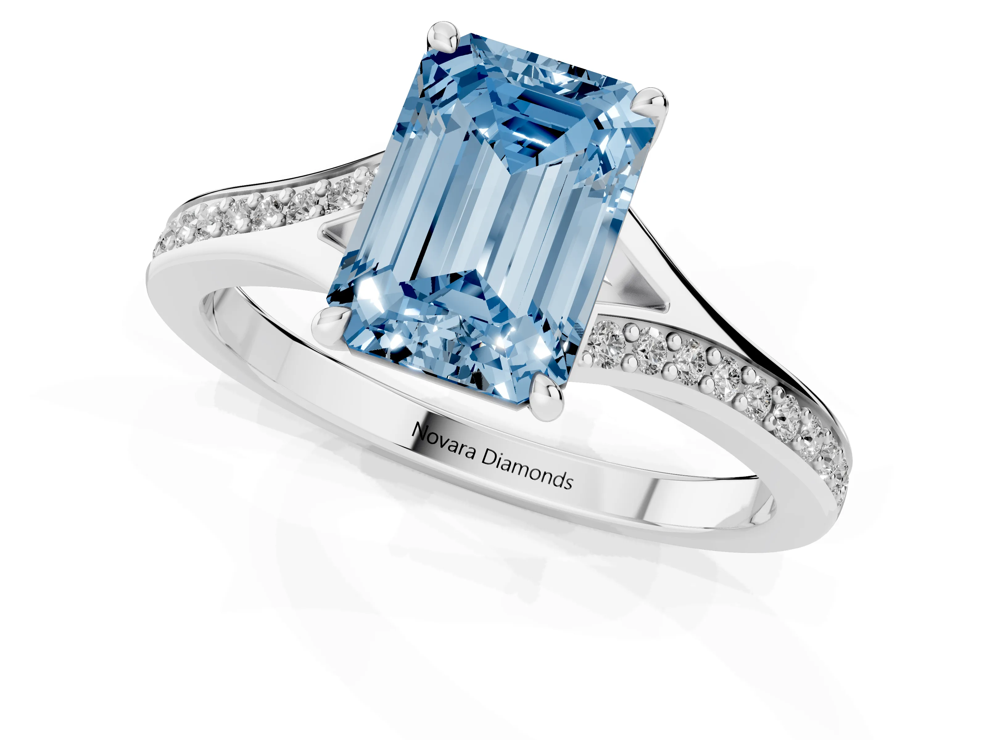 Fancy Blue Emerald Cut Diamond Solitaire Ring Set in Silver with Pavé Accent Band and Classic Prong Setting