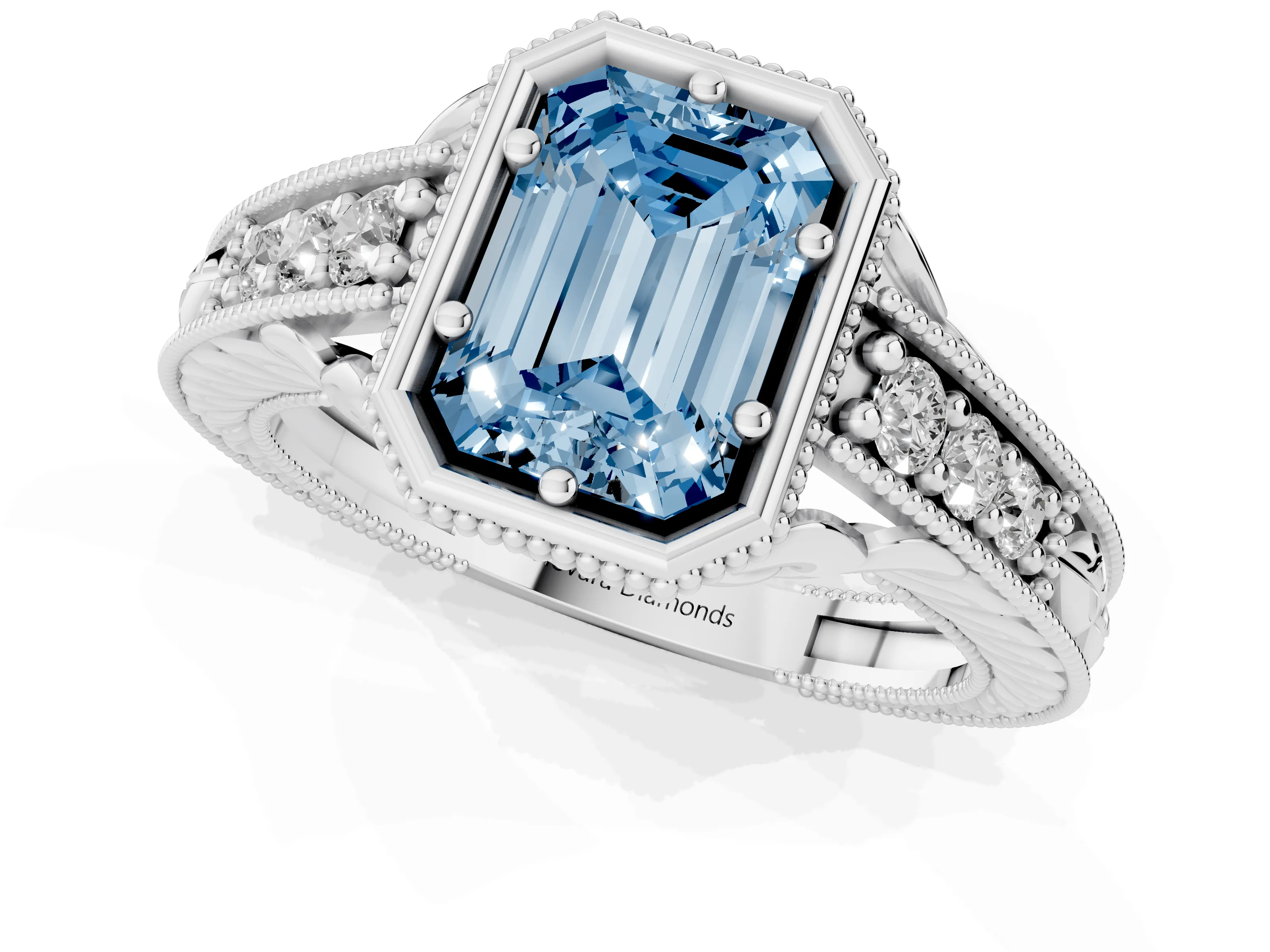 Fancy Blue Bezel Set Emerald Cut Diamond Milgrain Pavé Engagement Ring Set in Silver