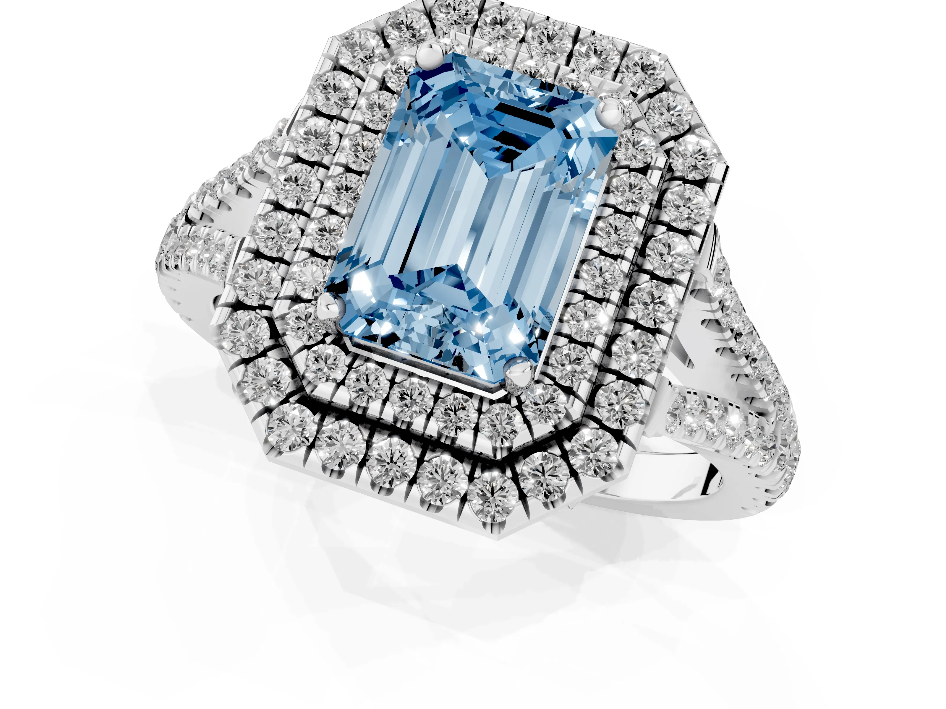Fancy Blue Emerald Cut Diamond Double Halo Ring Set in Silver with Pavé Band – second view