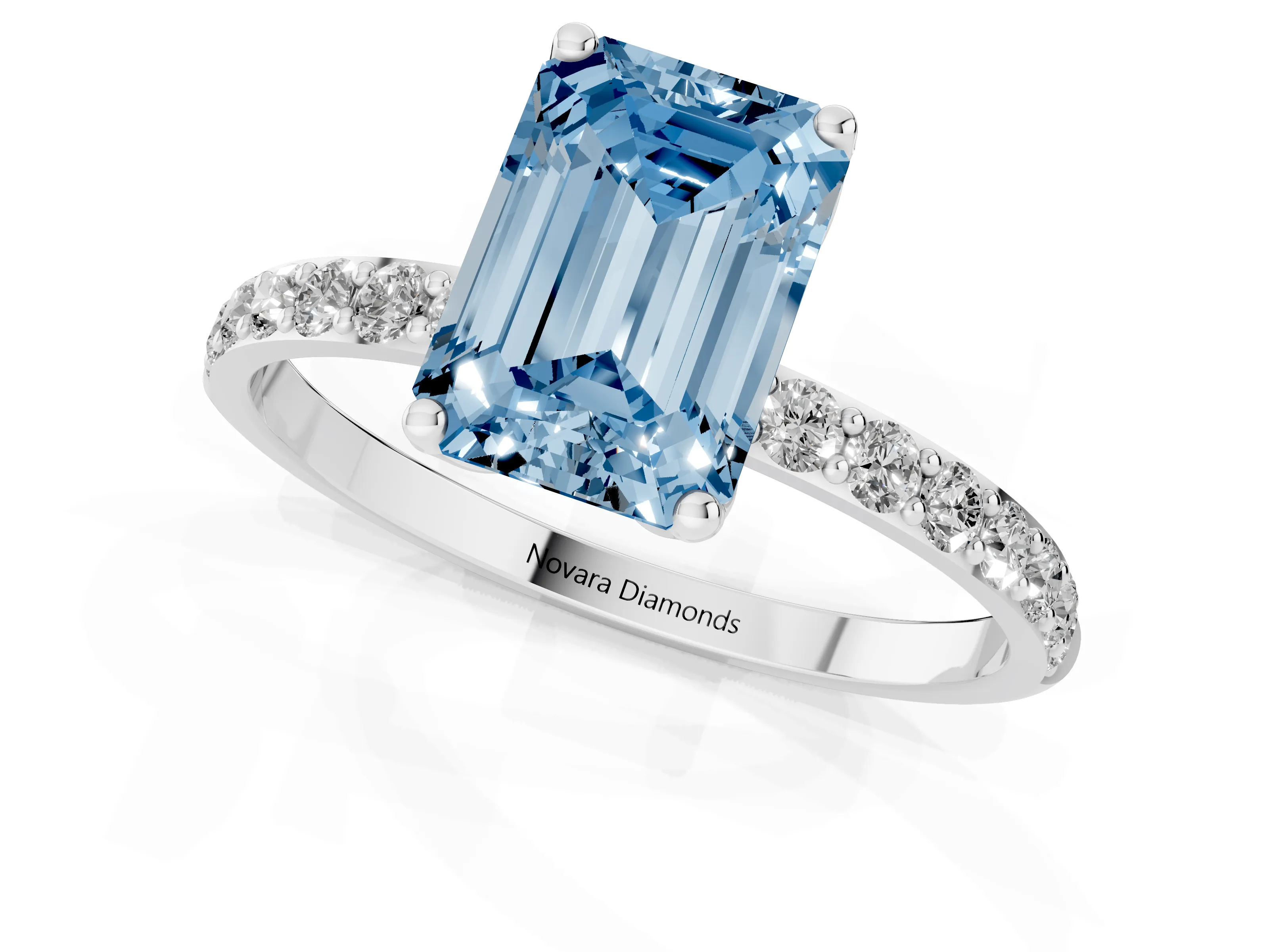Fancy Blue Emerald Cut Diamond Solitaire Engagement Ring Set in White gold with Round Pavé Band and Prong Setting