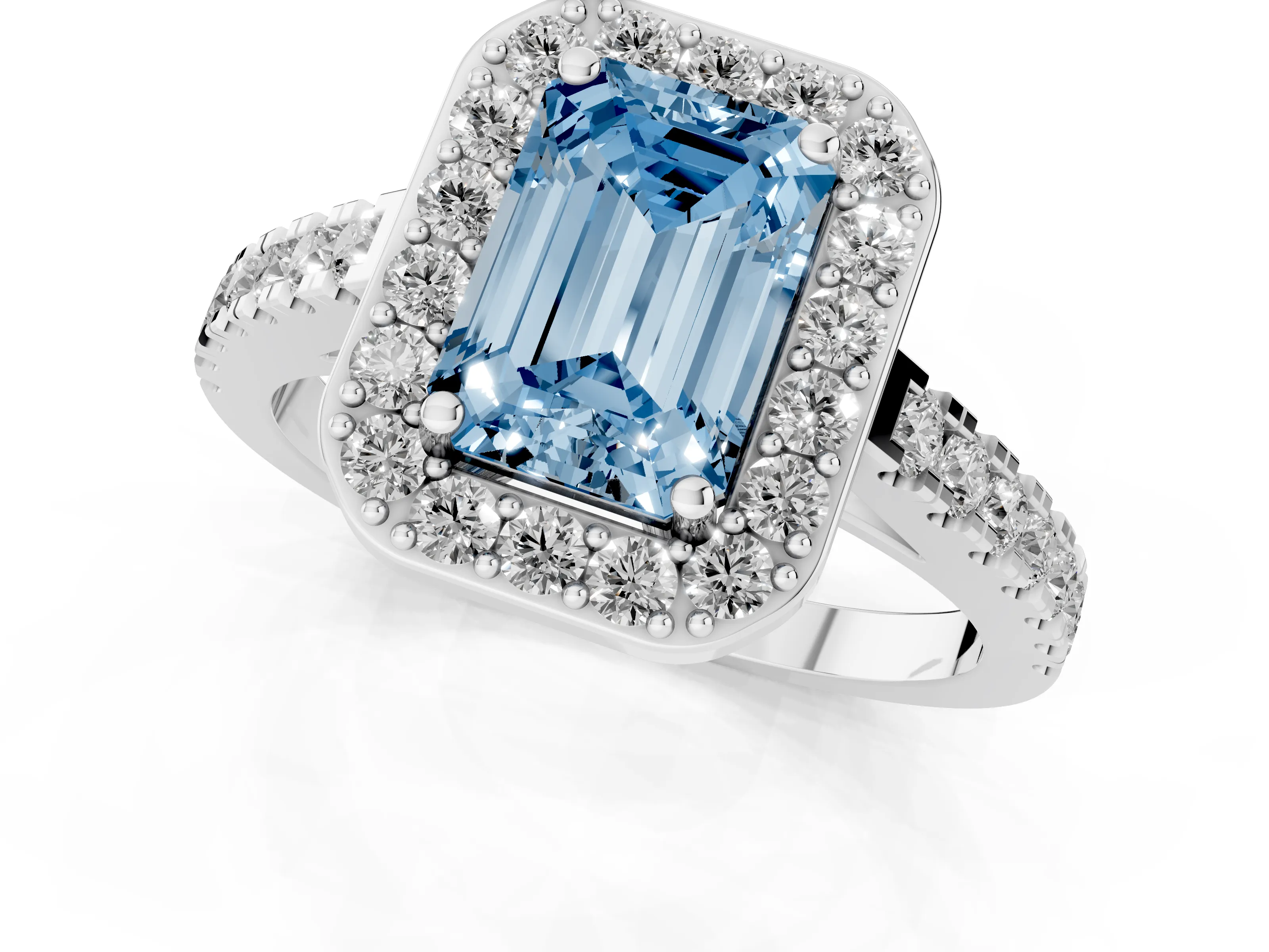 Fancy Blue Emerald Cut Diamond Halo Ring Set in Silver with Round Pavé Split Shank and Prong Setting