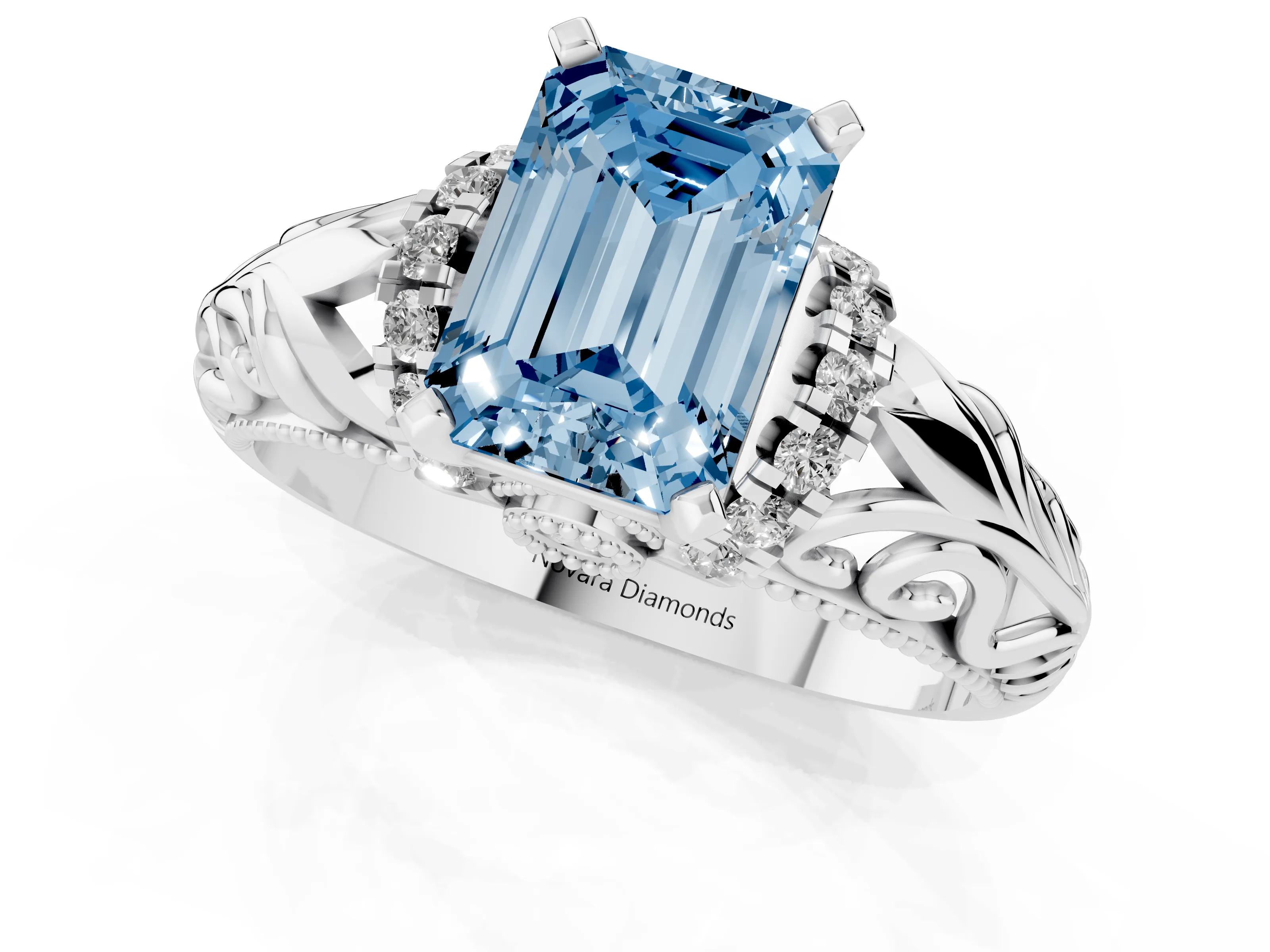 Fancy Blue Emerald Cut Diamond Filigree Halo Engagement Ring Set in Platinum with Prong Setting