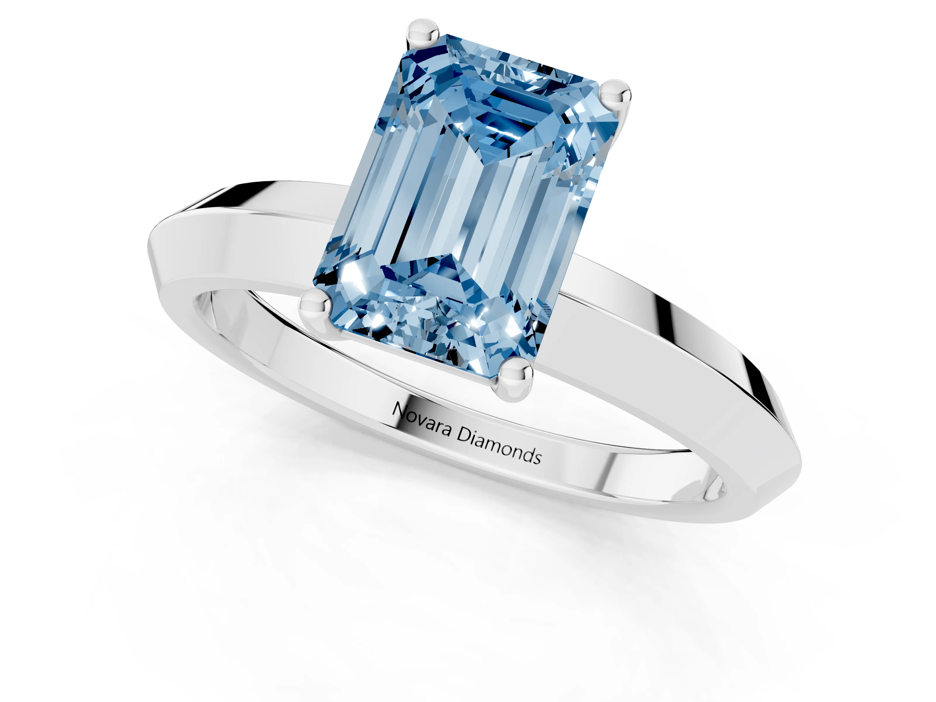 Fancy Blue Emerald Cut Diamond Solitaire Engagement Ring Set in Silver with Flat Band and Prong Setting