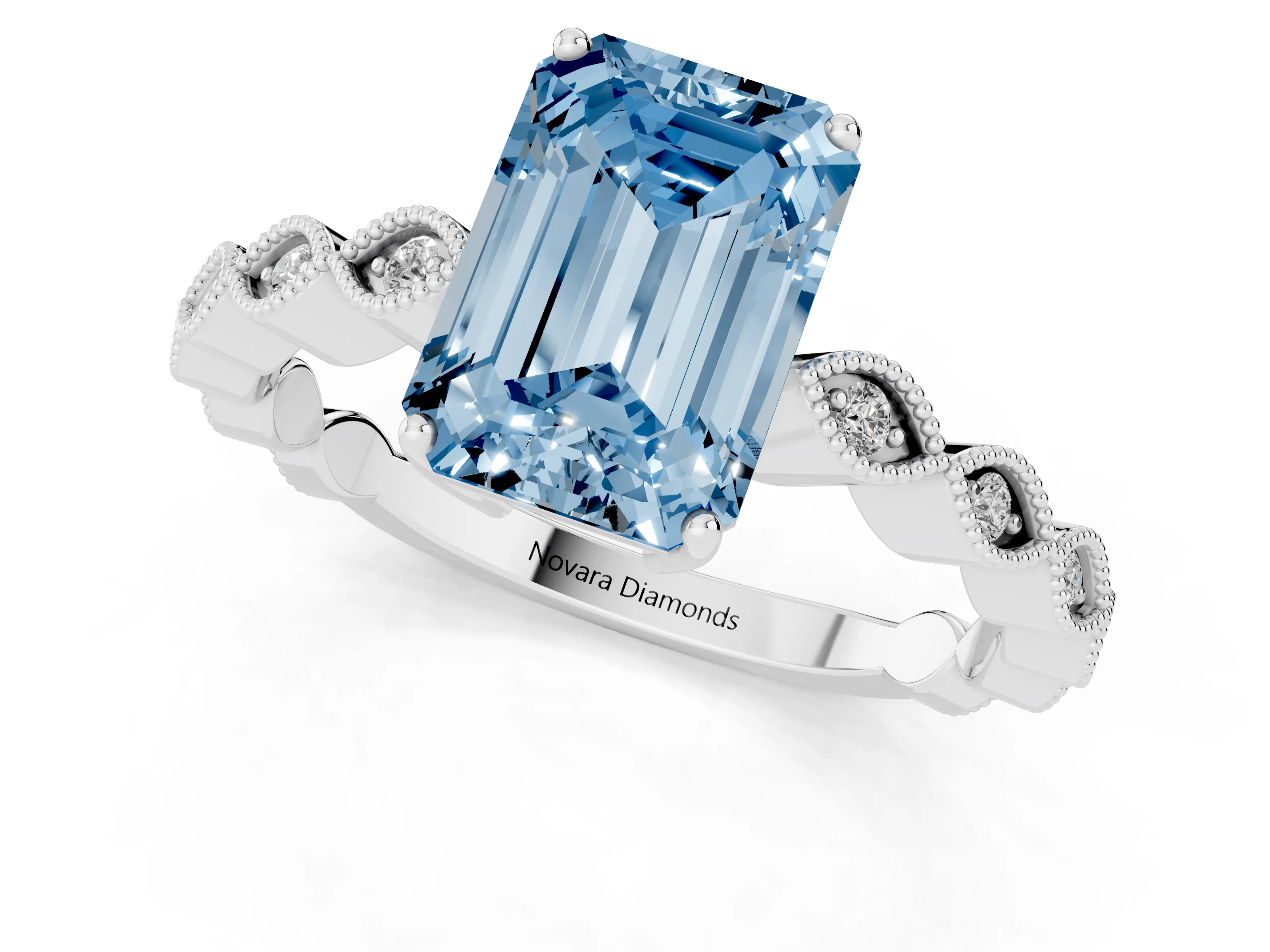 Fancy Blue Emerald Cut Diamond Solitaire Ring Set in White gold with Infinity Twist Pavé Band