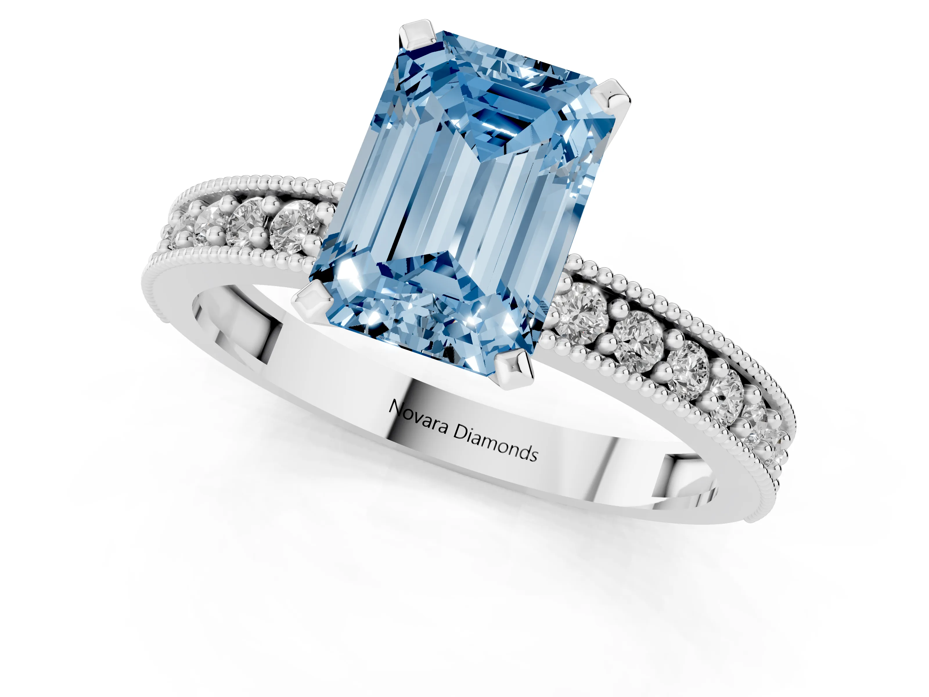 Fancy Blue Emerald Cut Diamond Milgrain Pavé Engagement Ring Set in Silver with Prong Setting