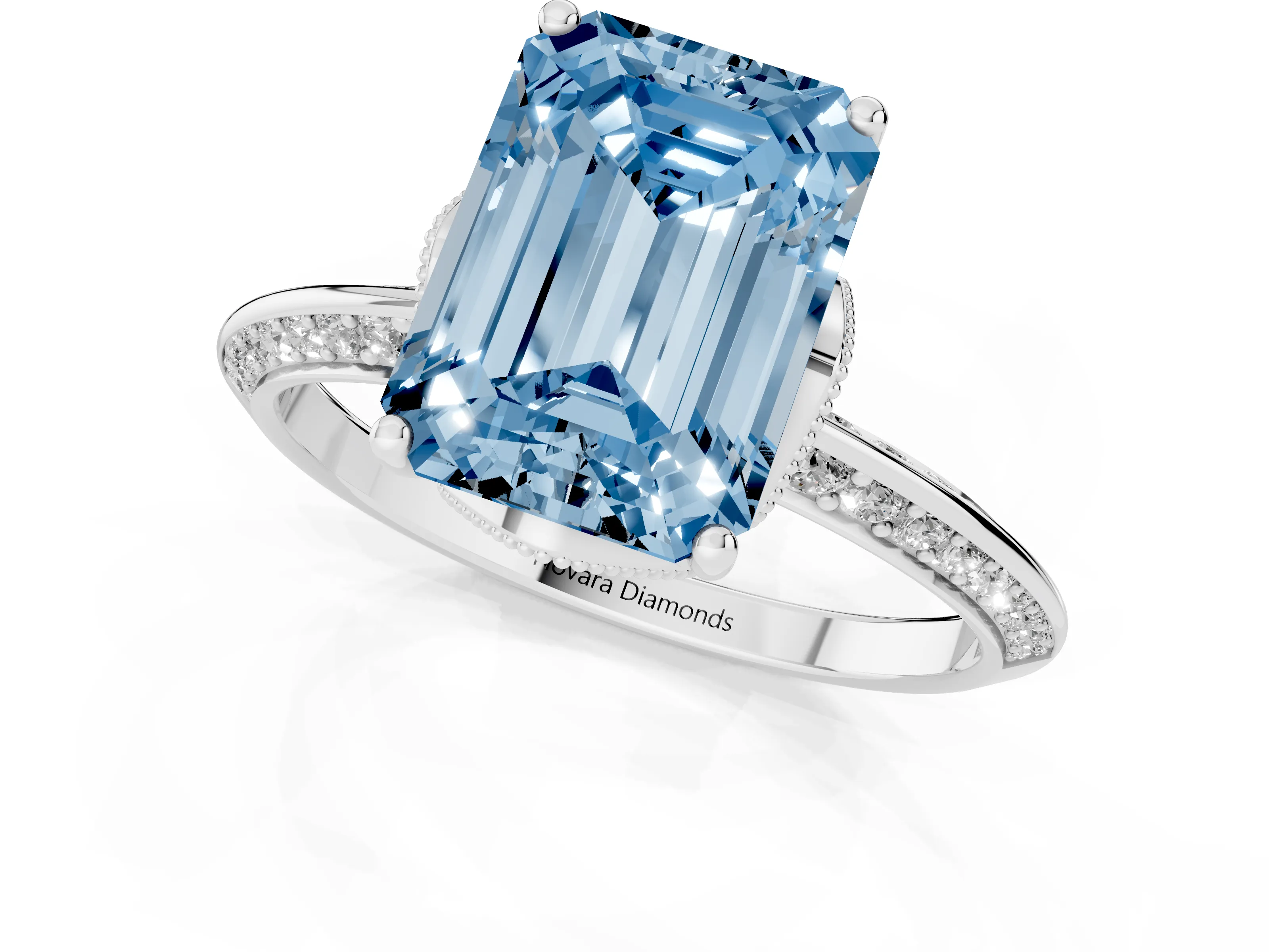 Fancy Blue Emerald Cut Diamond Solitaire Engagement Ring Set in Platinum with Pavé Split Shank and Prong Setting