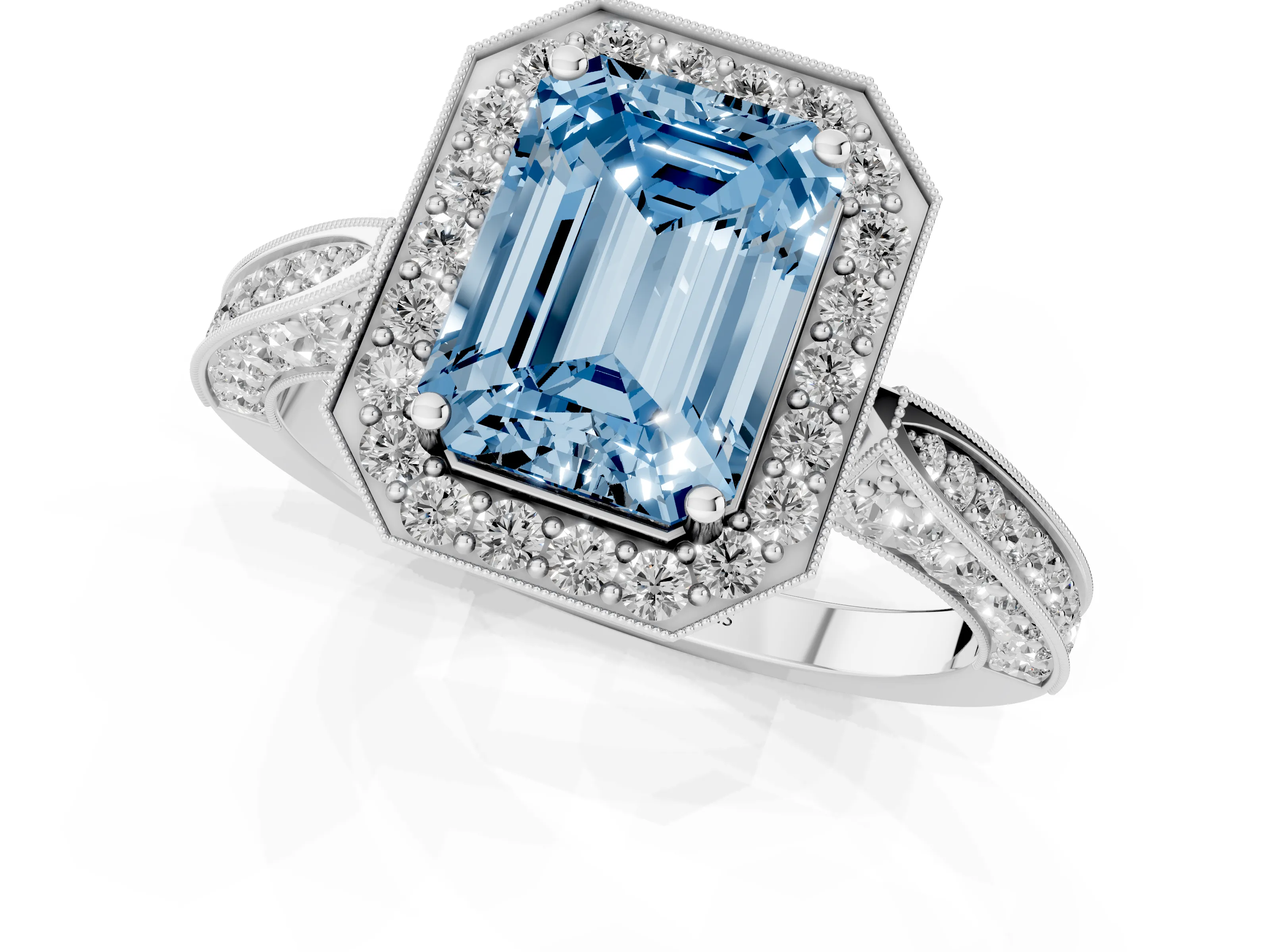 Fancy Blue Emerald Cut Diamond Halo Engagement Ring Set in Silver with Accent Split Shank Band