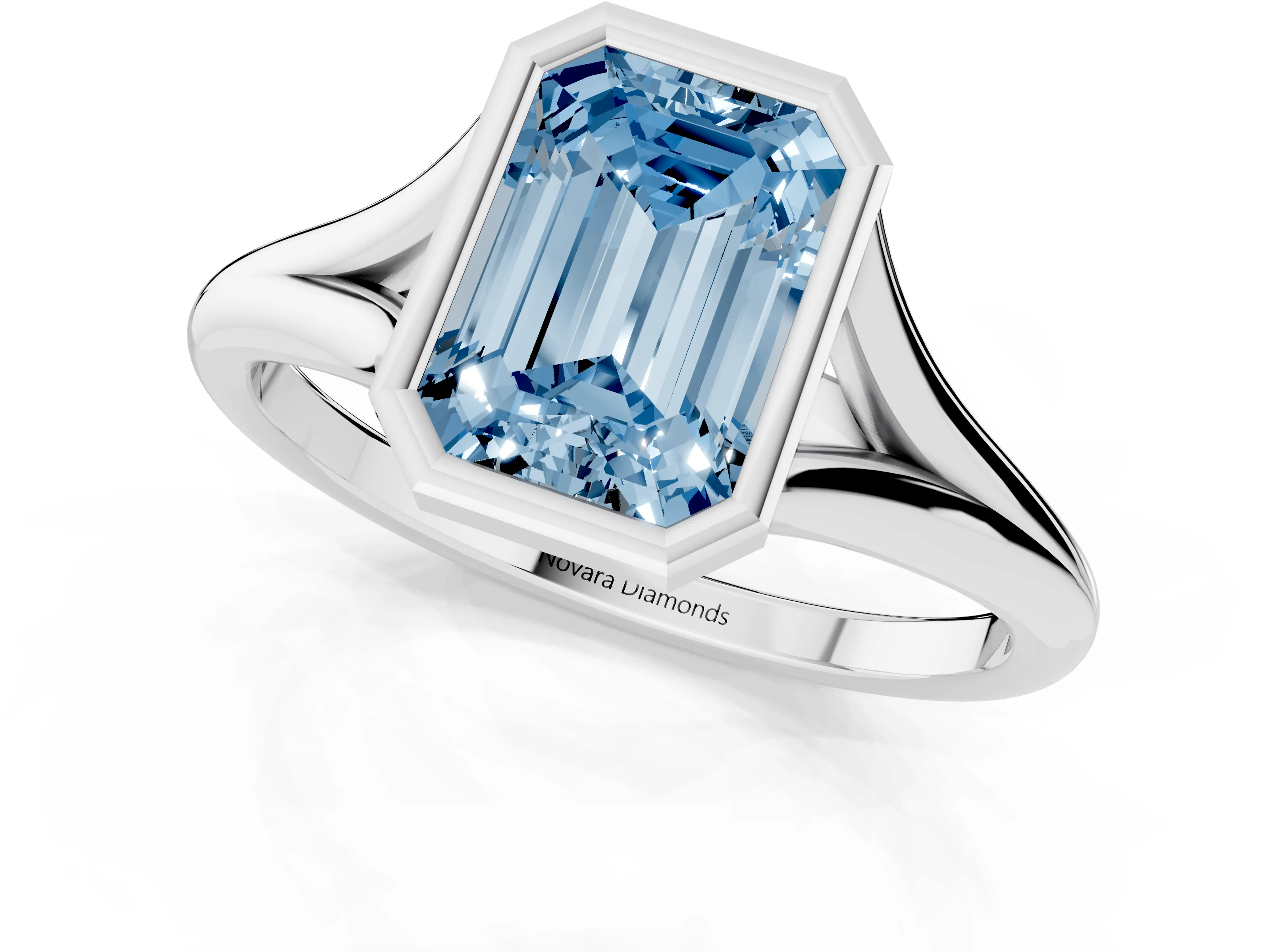 Fancy Blue Bezel Set Emerald Cut Diamond Solitaire Ring Set in Platinum with Tapered Band