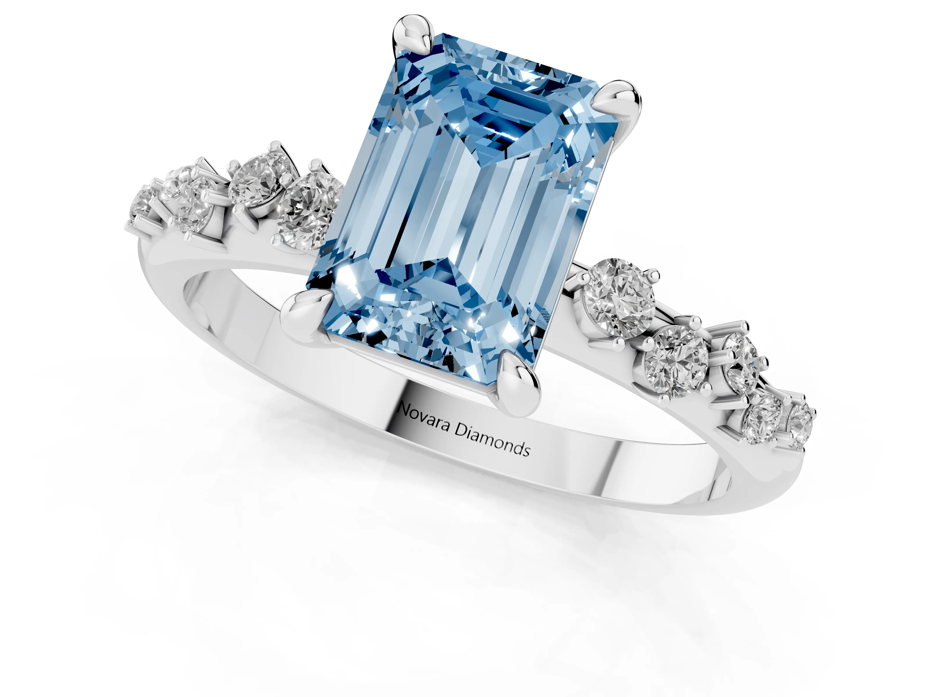 Fancy Blue Emerald Cut Diamond Solitaire Vine Band Ring Set in Platinum with Round Accents and Prong Setting