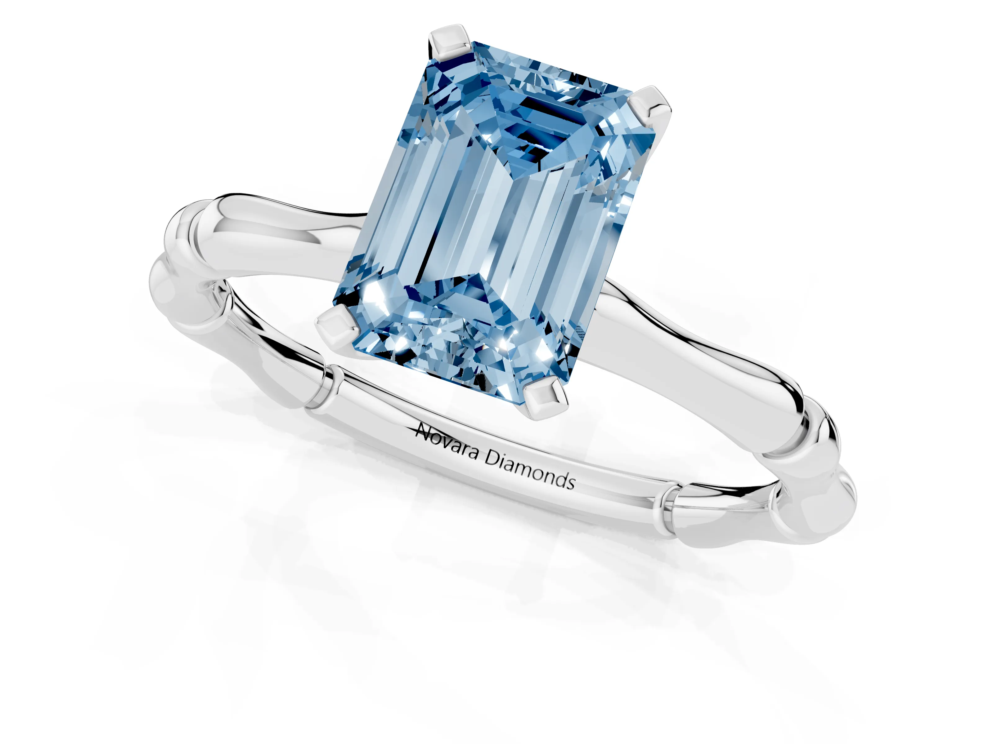 Fancy Blue Emerald Cut Diamond Solitaire Ring Set in Silver with Bamboo Band and Prong Setting