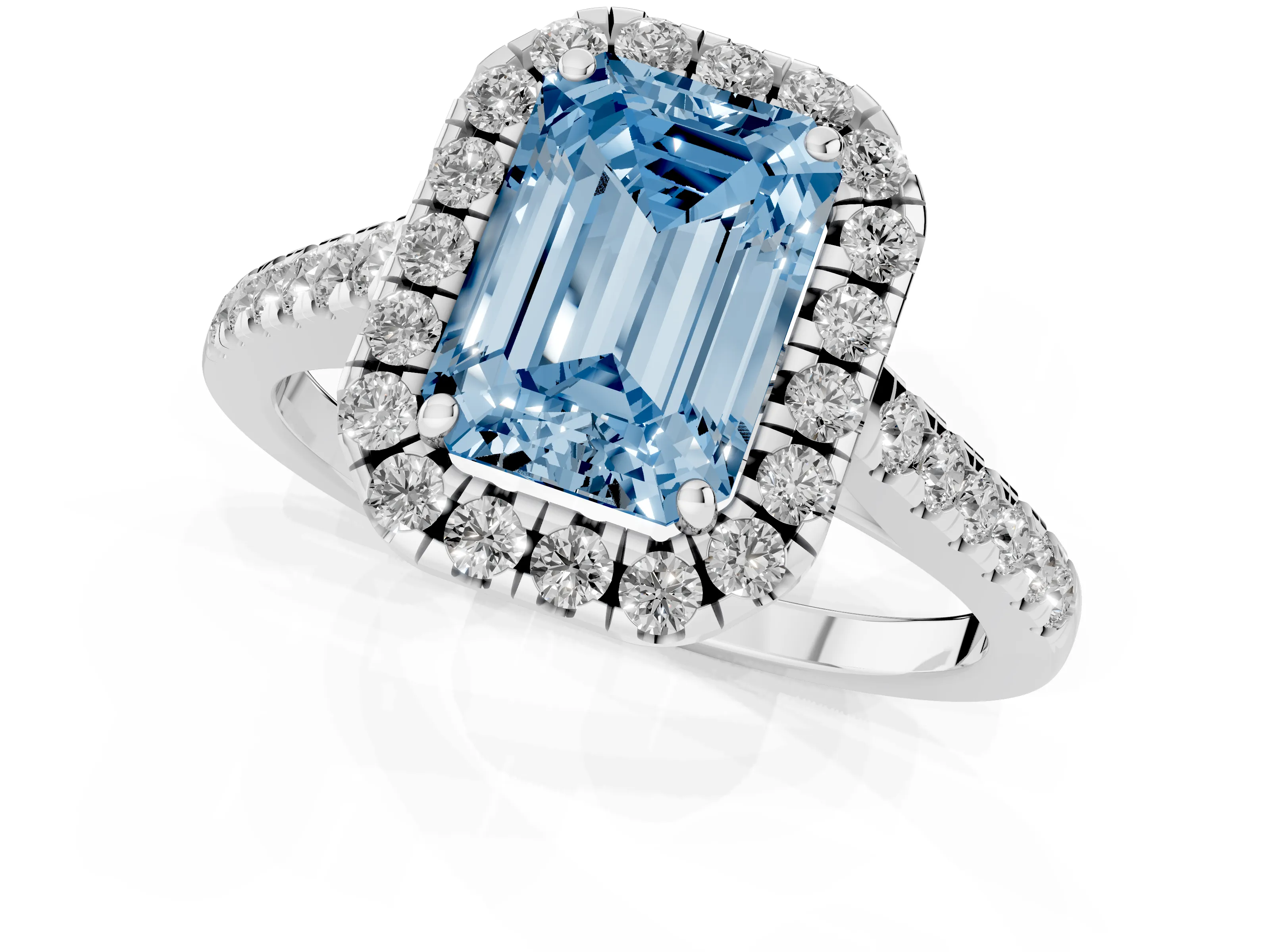 Fancy Blue Emerald Cut Diamond Halo Pavé Engagement Ring Set in Platinum with Prong Setting