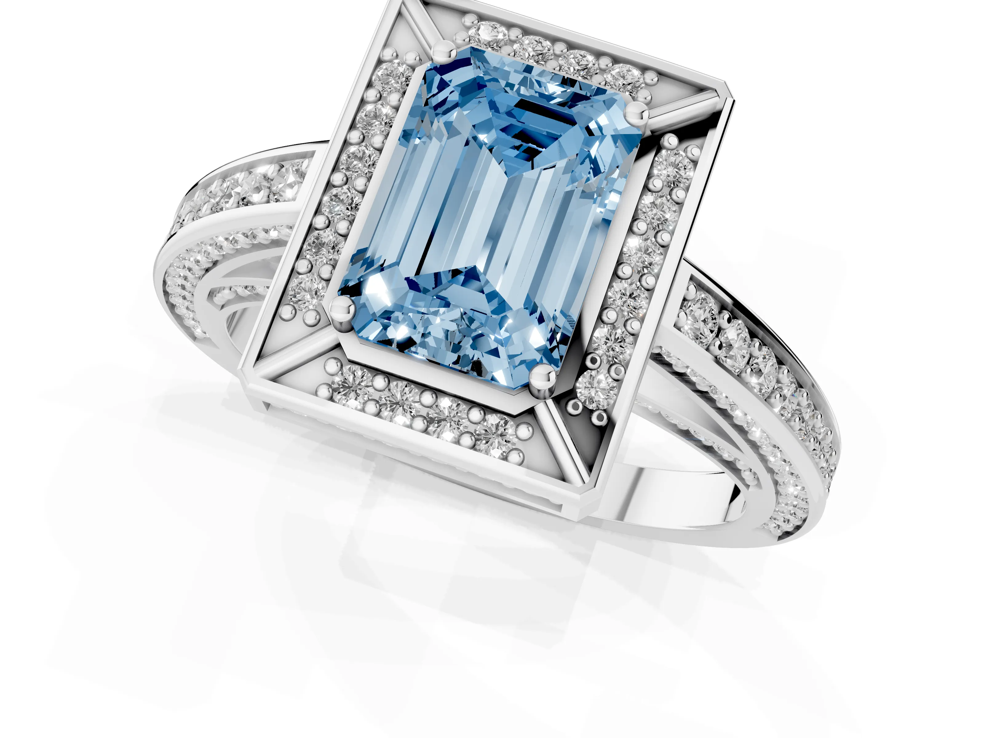 Fancy Blue Emerald Cut Diamond Halo Pavé Split Shank Ring Set in Silver with Prong Setting