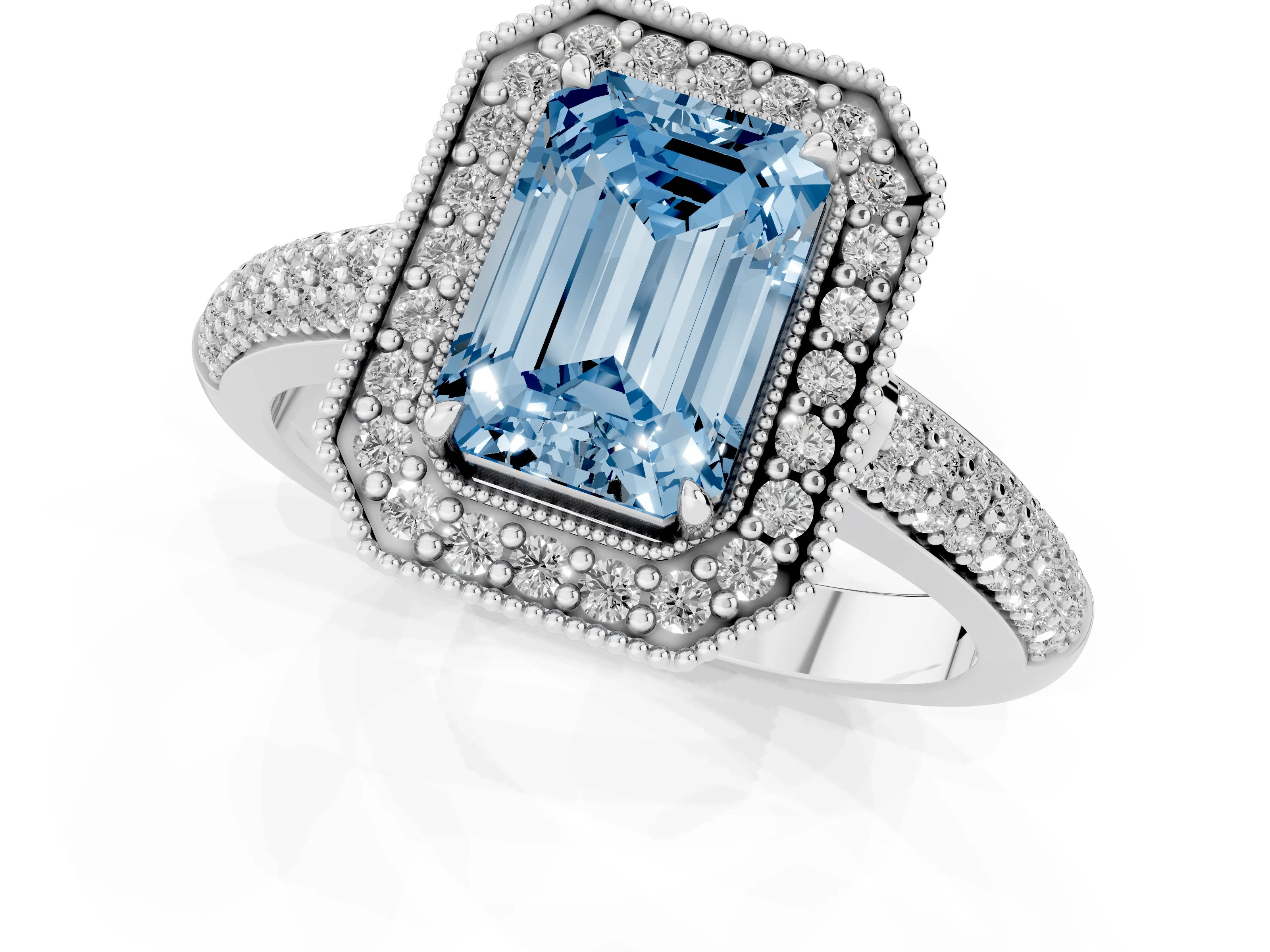 Fancy Blue Emerald Cut Diamond Halo Pavé Band Set in Platinum with Prong Setting