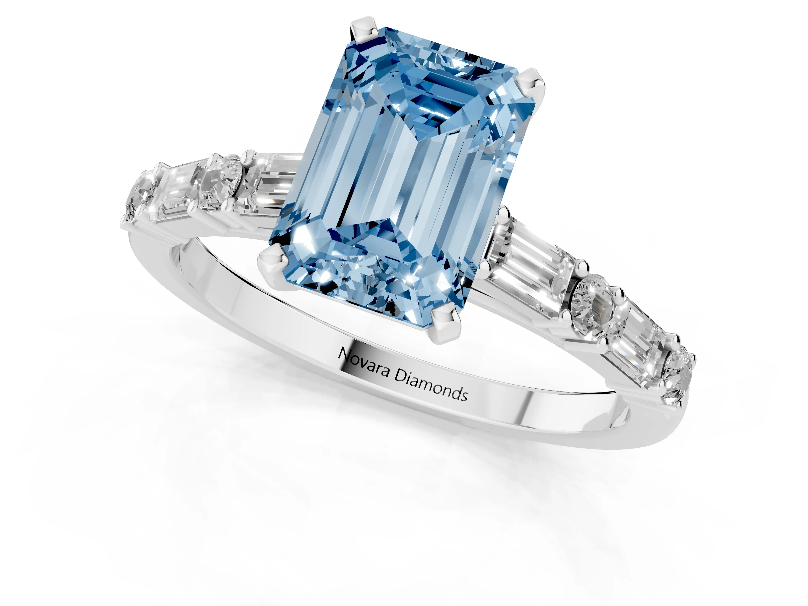 Fancy Blue Emerald Cut Diamond Solitaire Set in Silver with Side Baguettes and Channel Set Band