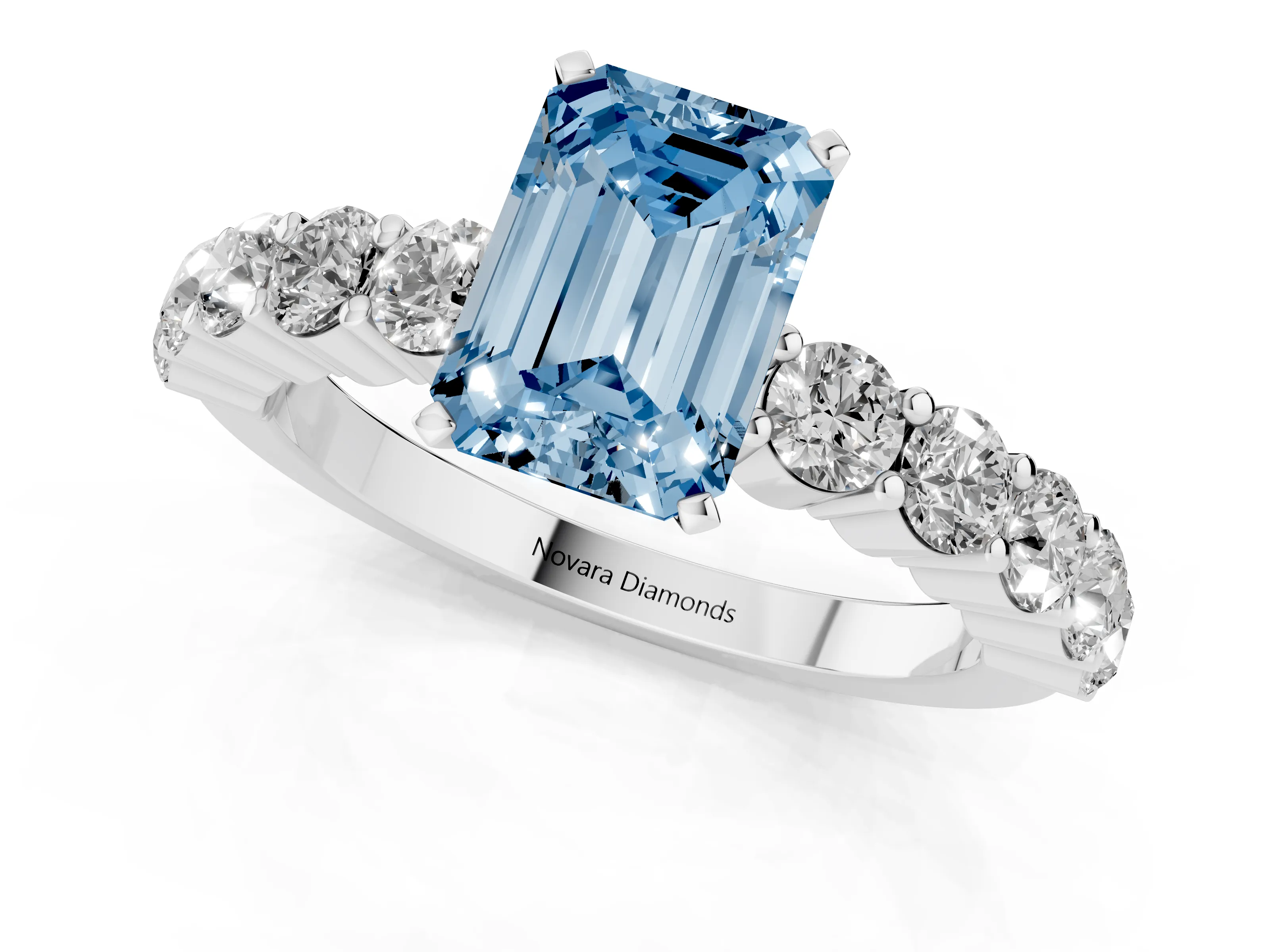 Fancy Blue Emerald Cut Diamond Solitaire Ring Set in White gold with Shared Prong Round Side Stones