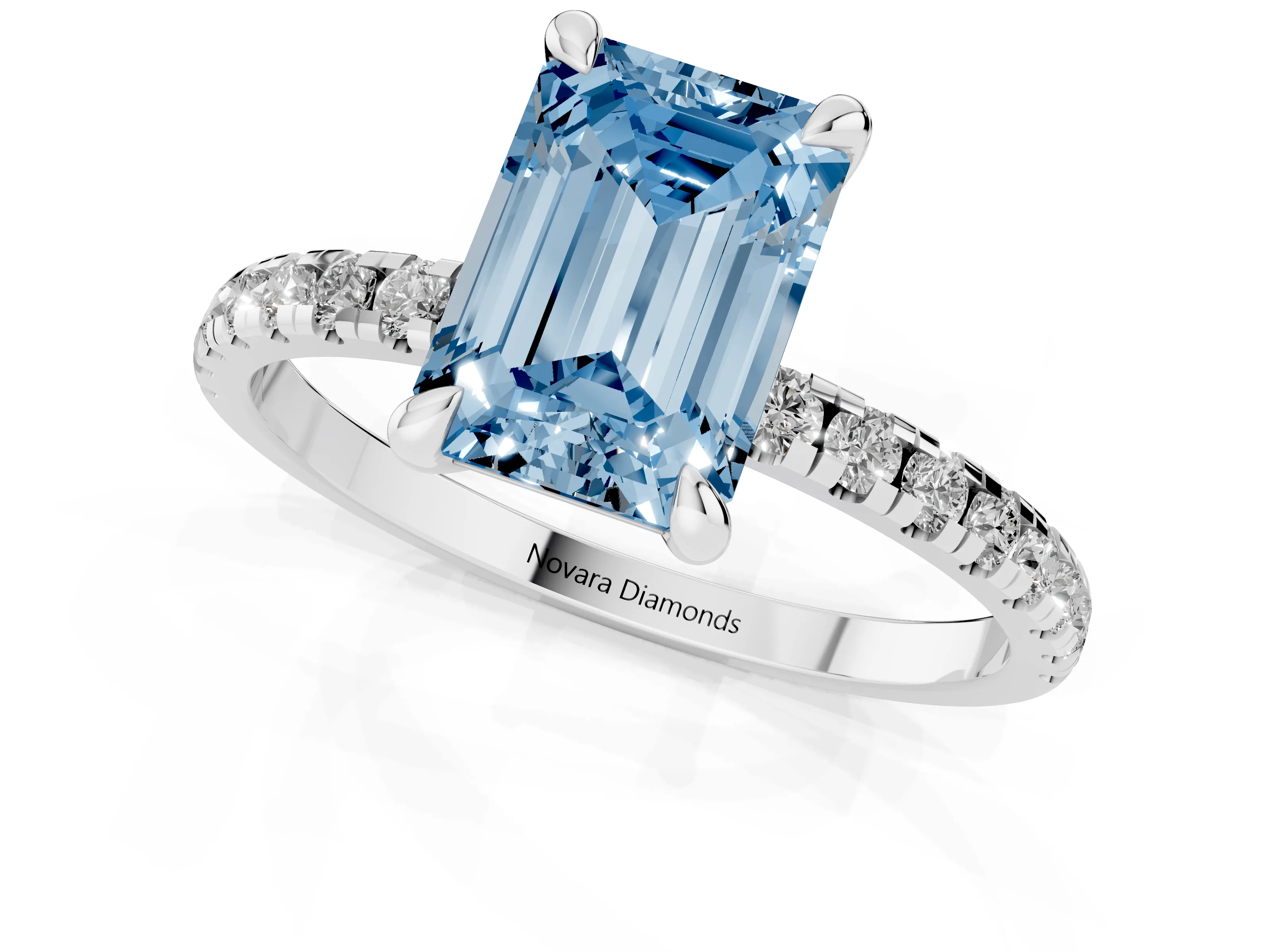 Fancy Blue Emerald Cut Diamond Brilliant Solitaire Ring Set in White gold with Pavé Band and Prong Setting