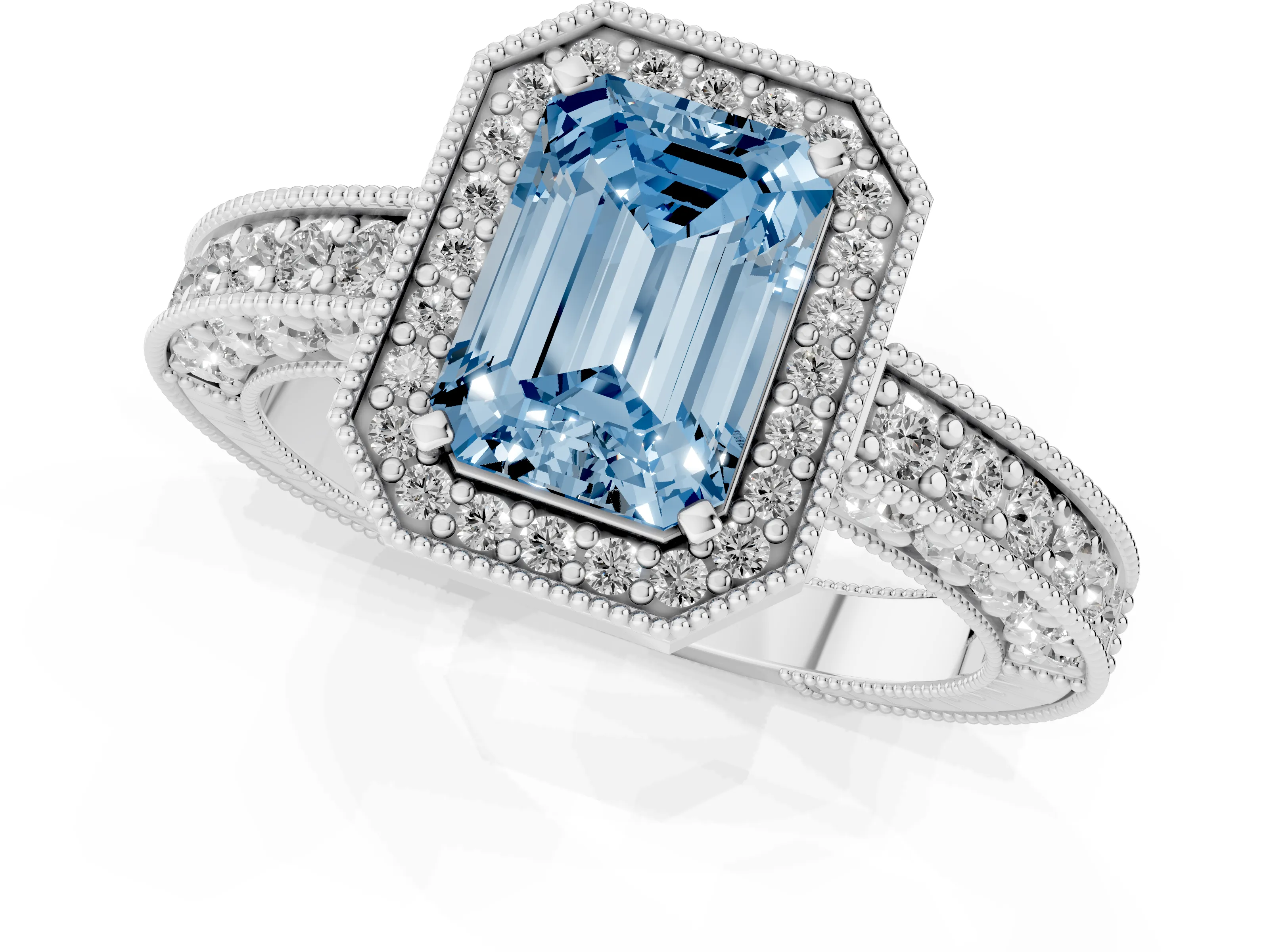 Fancy Blue Emerald Cut Diamond Halo Pavé Band Ring Set in Silver with Prong-Set Center