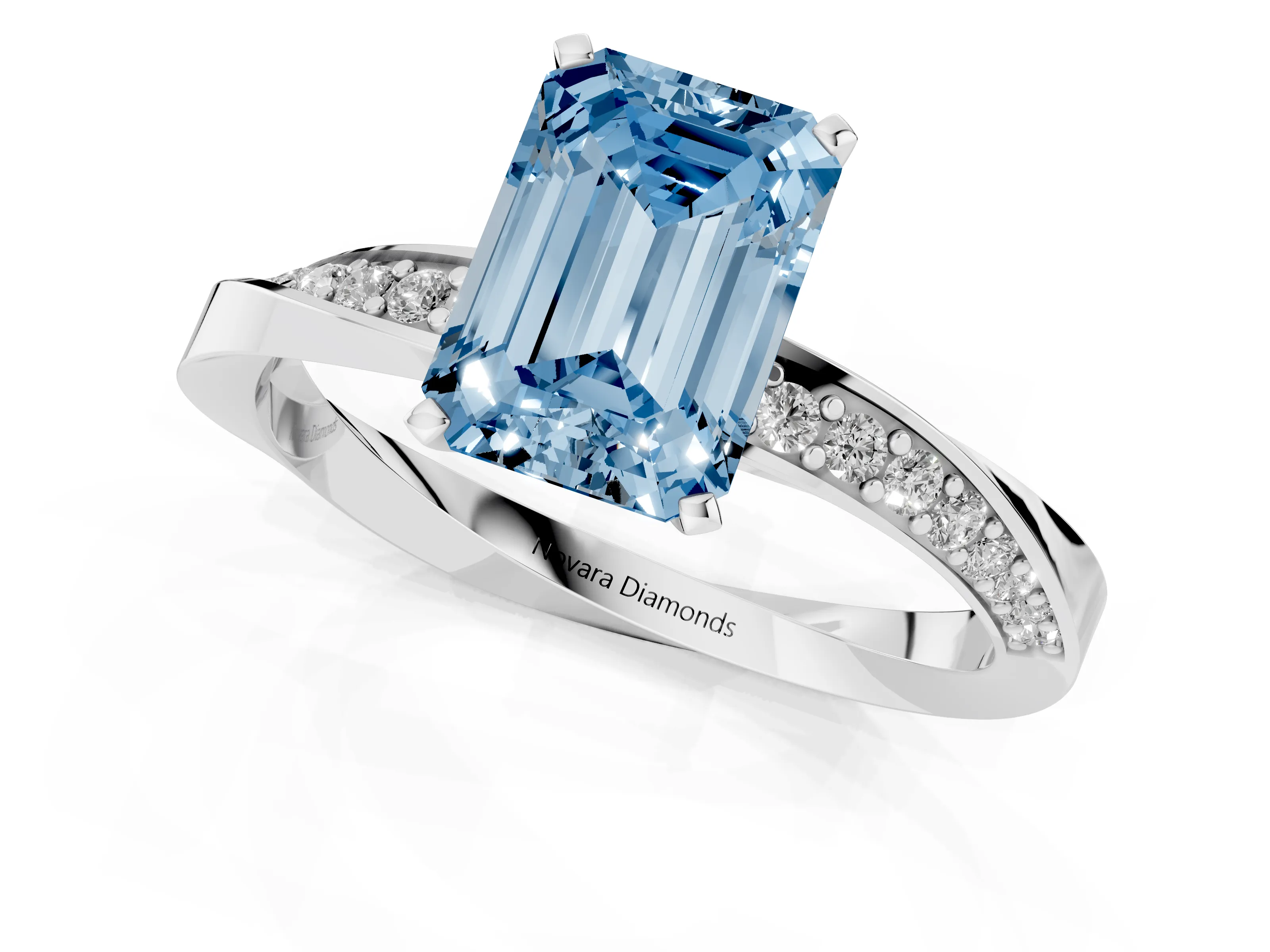 Fancy Blue Emerald Cut Diamond Engagement Ring Set in Silver with Side Stone Accents and Prong Setting