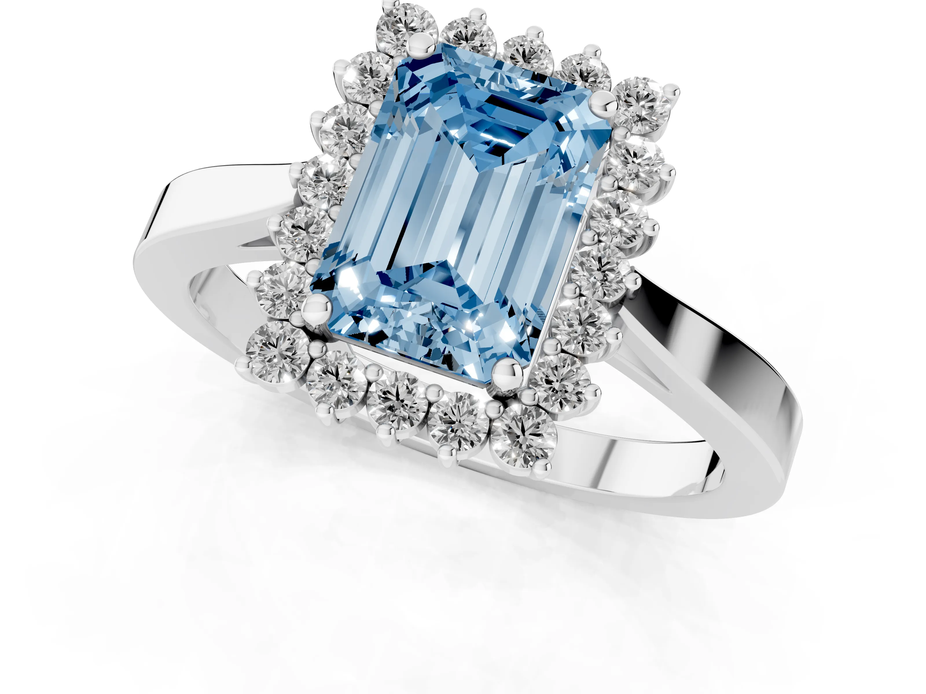 Fancy Blue Emerald Cut Diamond Halo Ring Set in Platinum with Round Halo and Smooth Solitaire Band