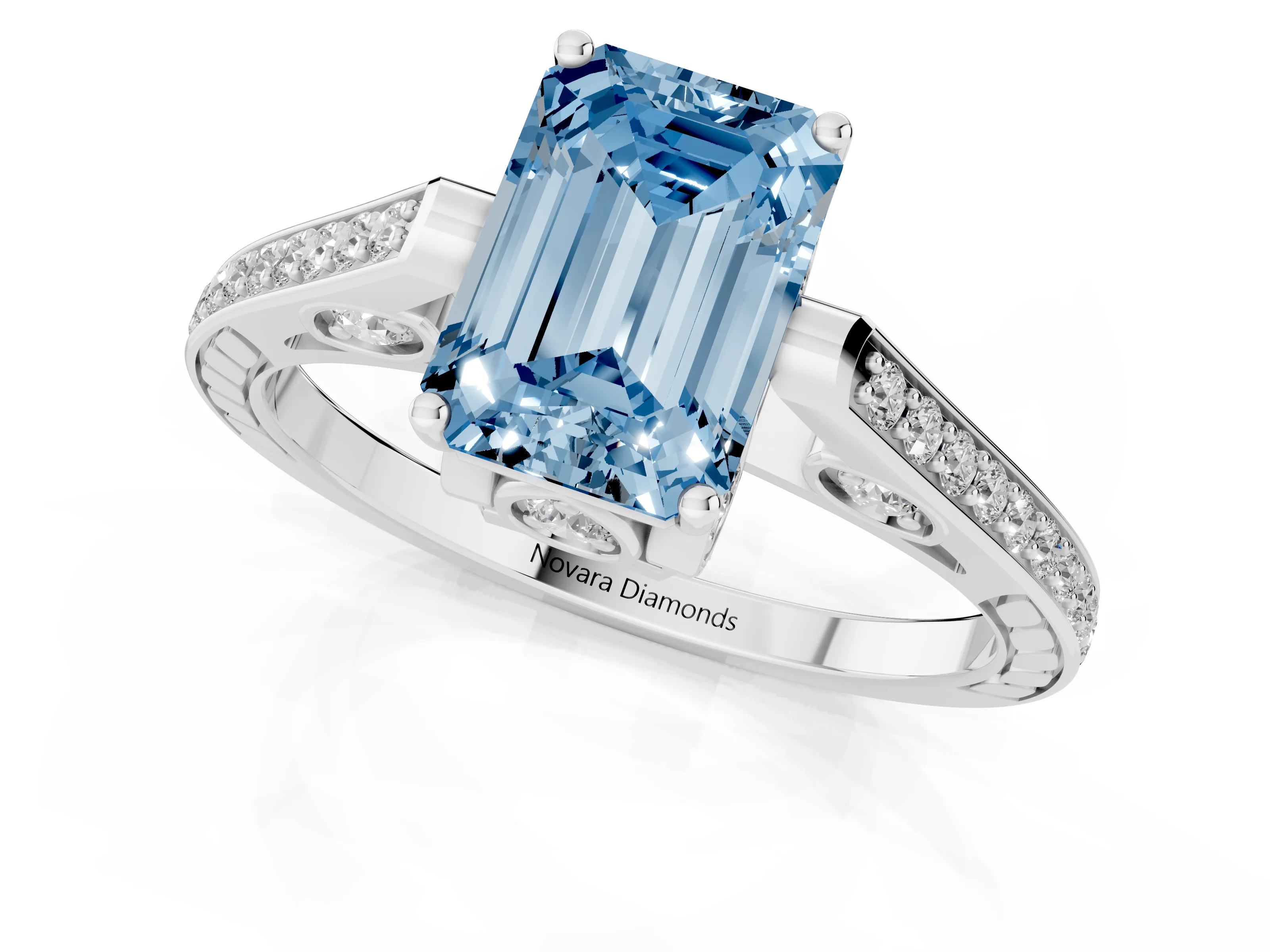 Fancy Blue Emerald Cut Diamond Cathedral Pavé Engagement Ring Set in Silver with Prong Setting