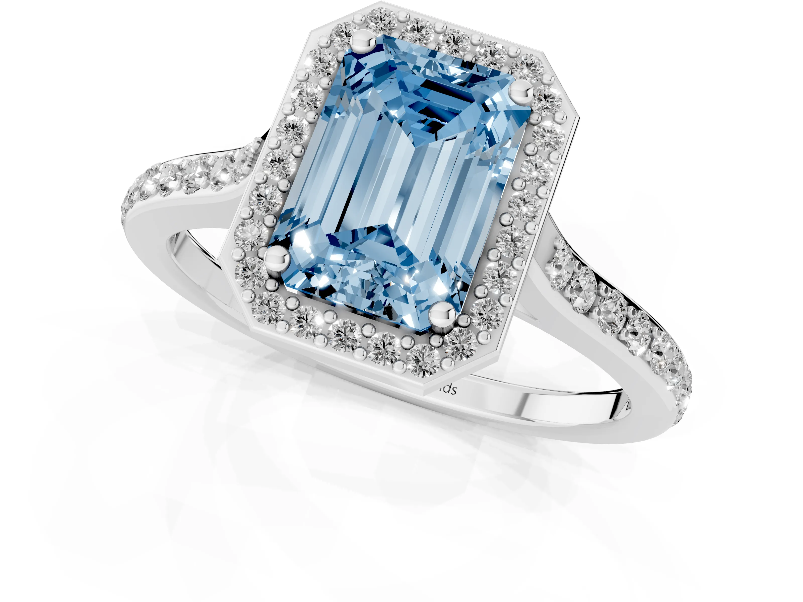 Fancy Blue Emerald Cut Diamond Halo Engagement Ring Set in Platinum with Round Pavé Shoulders and Heart Gallery – second view