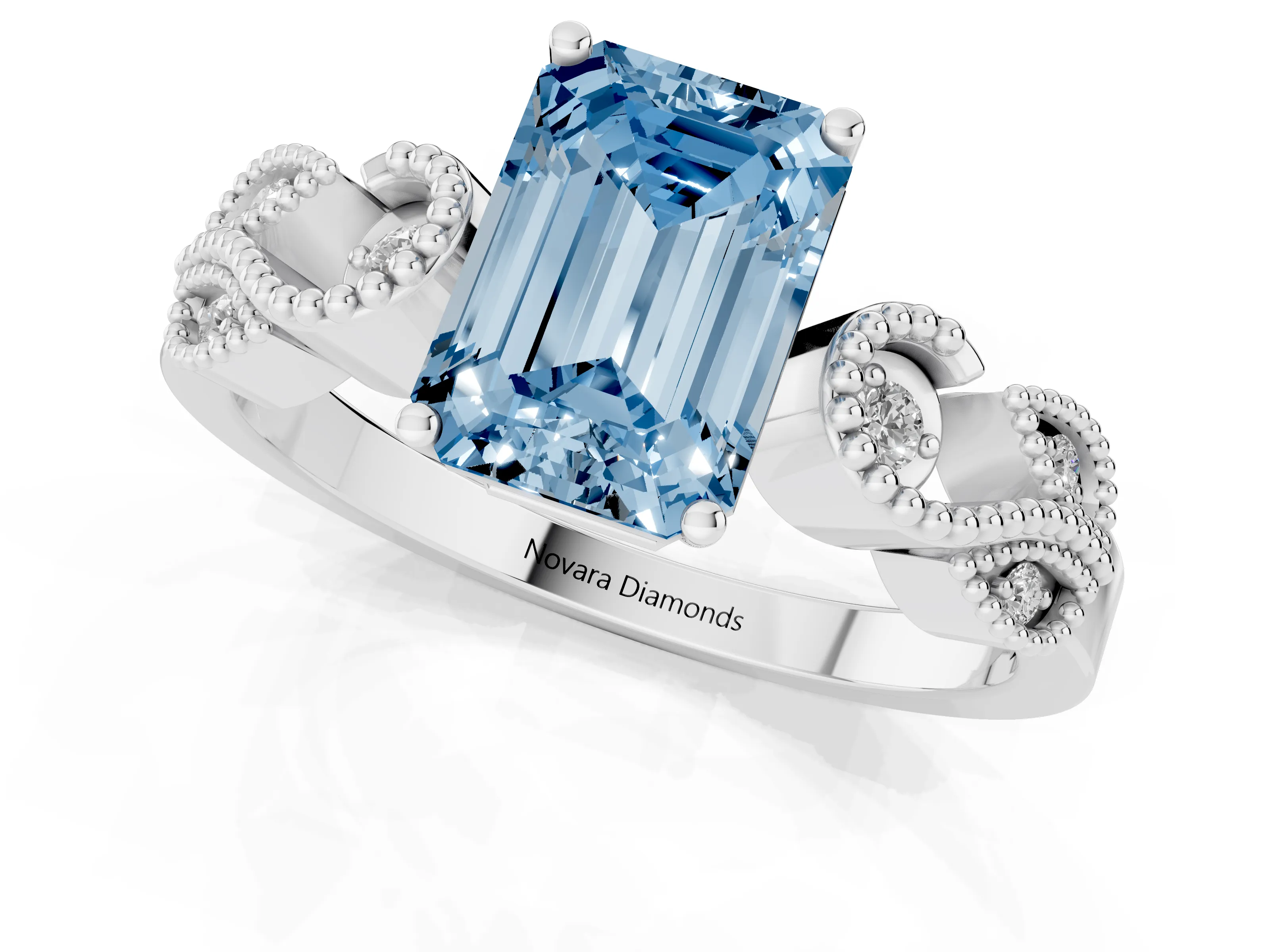Fancy Blue Emerald Cut Diamond Milgrain Leaf Band Solitaire Ring Set in White gold with Accent Stones and Prong Setting