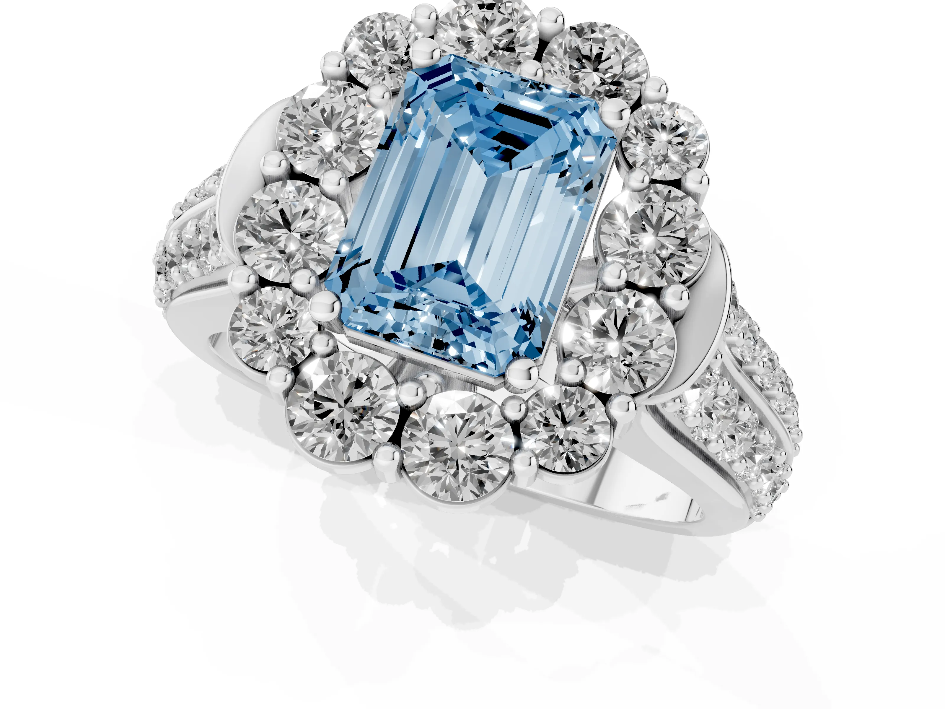 Fancy Blue Emerald Cut Diamond Halo Engagement Ring Set in Platinum with Split Shank and Prong Setting