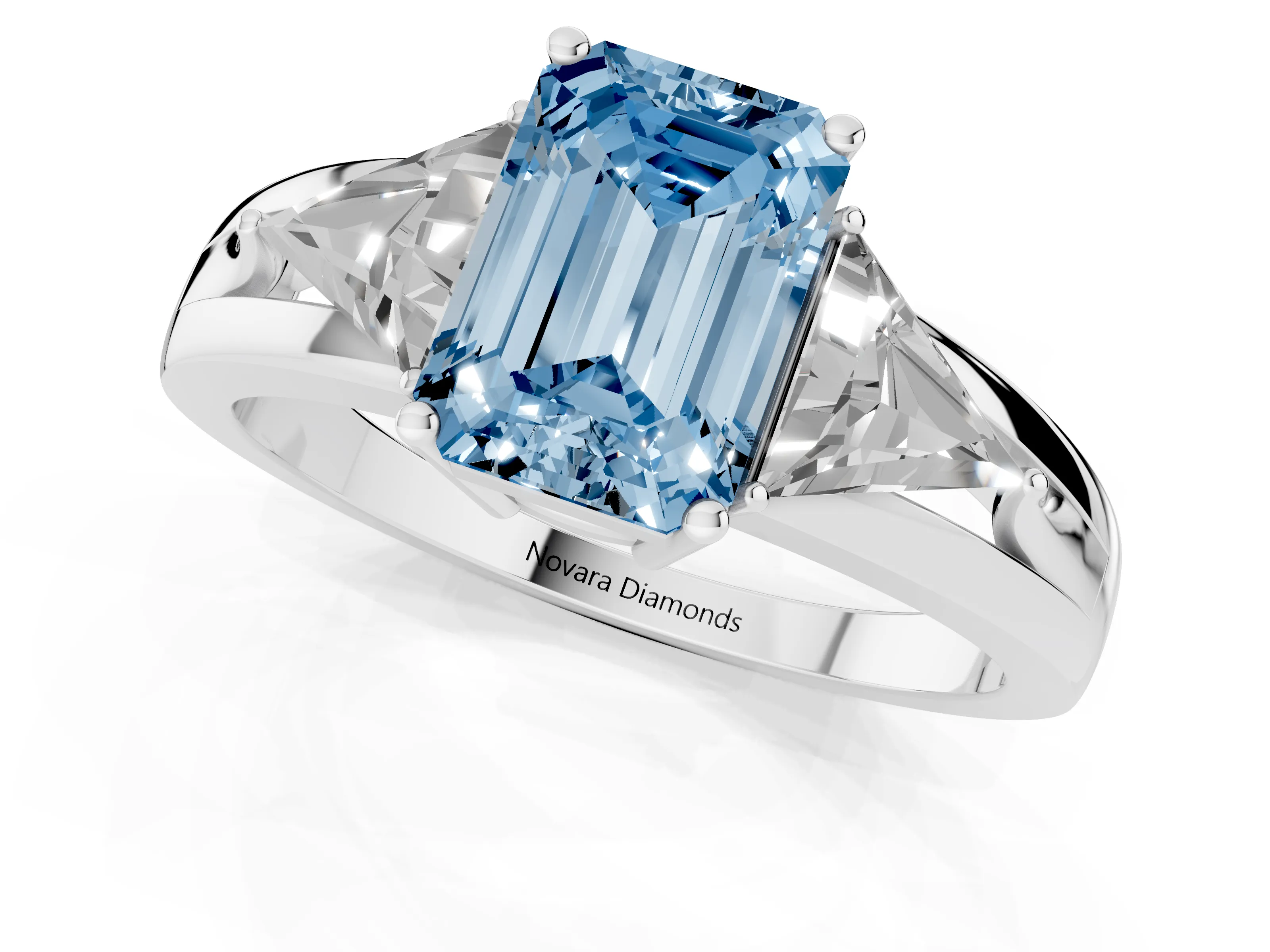 Fancy Blue Emerald Cut Diamond Three-Stone Ring Set in Silver with Trillion Side Stones and Split Shank
