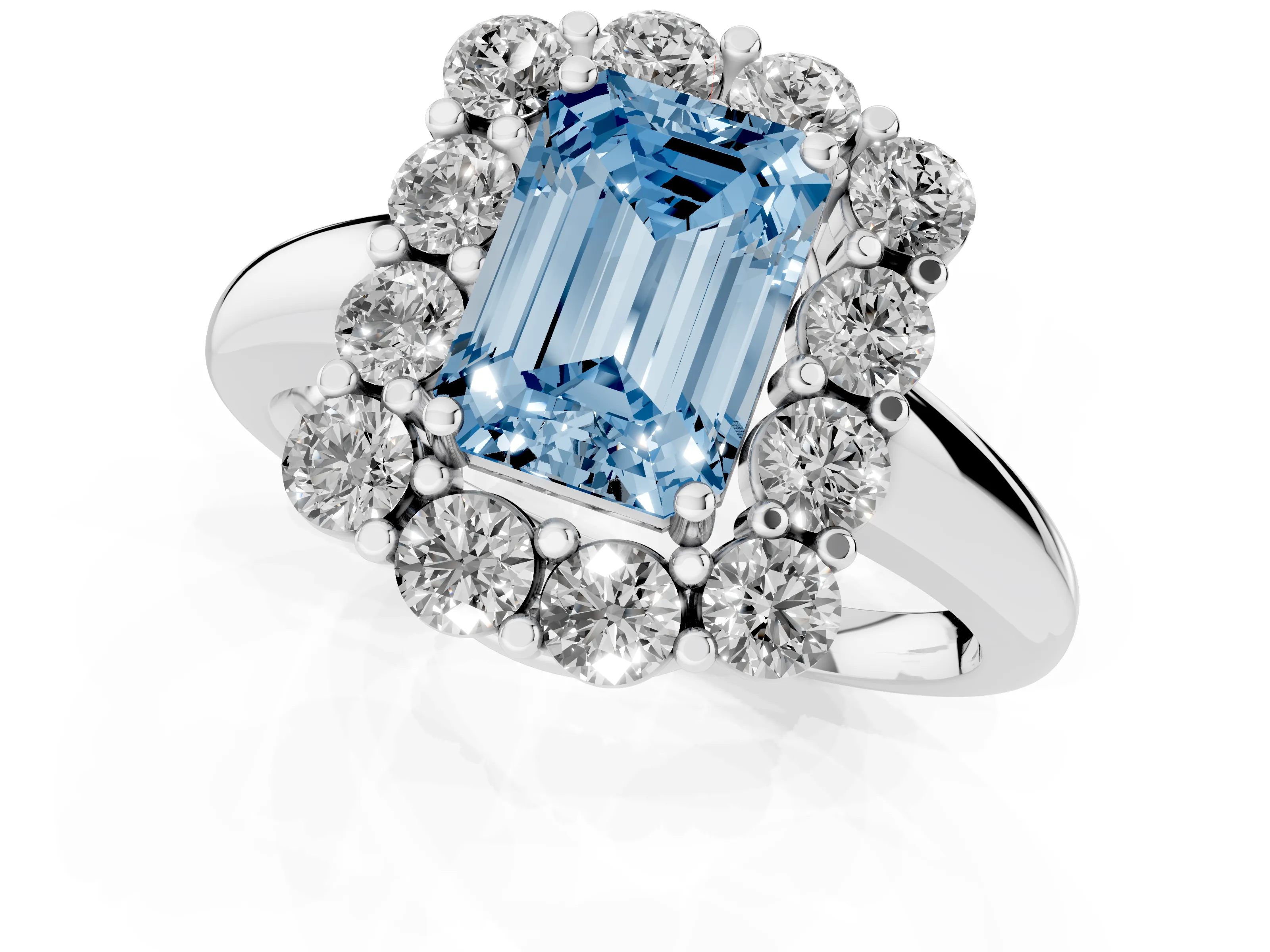 Fancy Blue Emerald Cut Diamond Halo Cluster Engagement Ring Set in White gold with Polished Band and Prong Setting