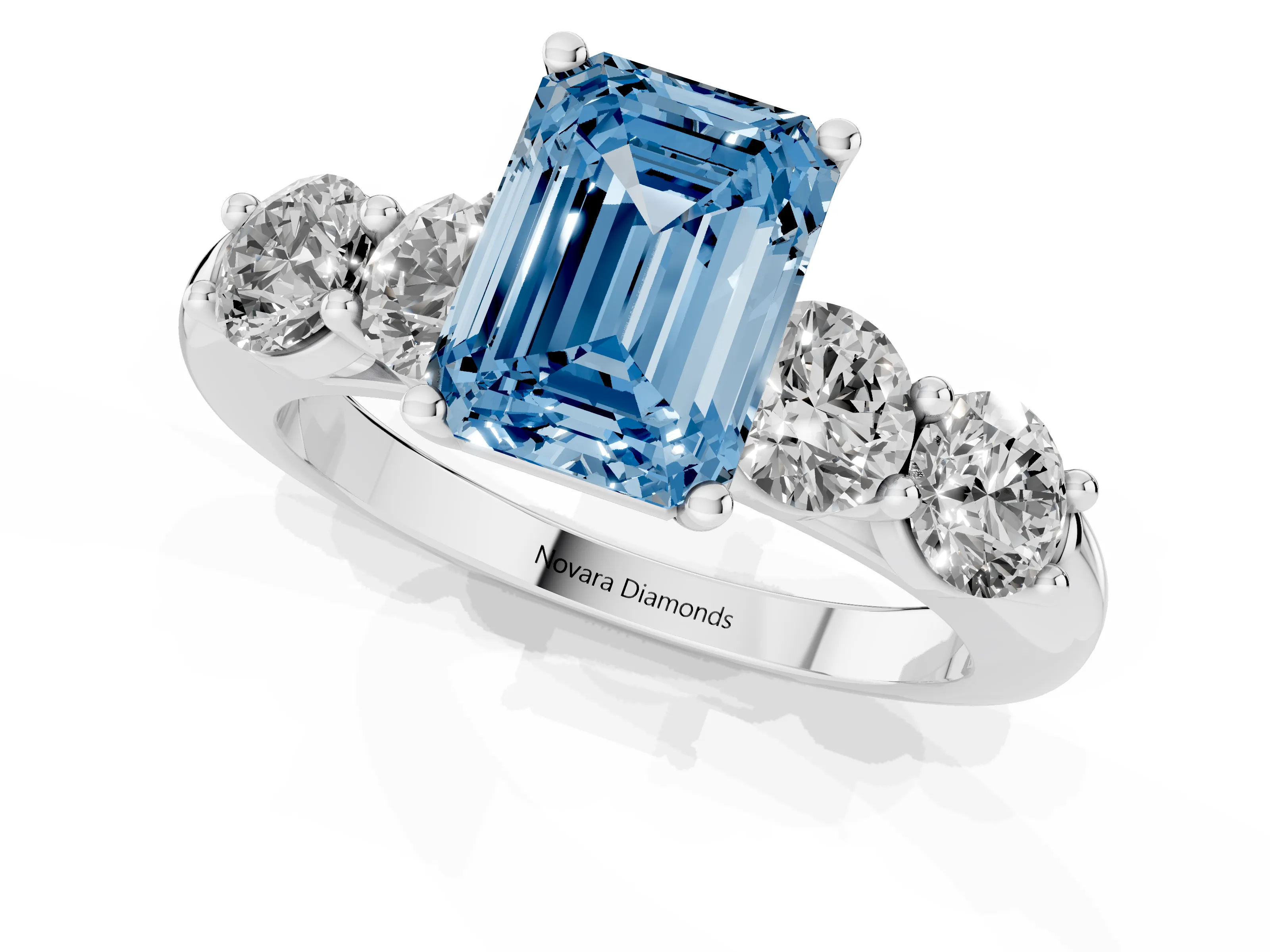 Fancy Blue Emerald Cut Diamond Five-Stone Prong Set Ring Set in Silver with Classic Band